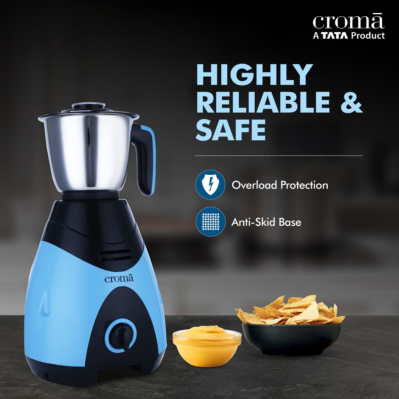 Croma 750 Watt 4 Jars Juicer Mixer Grinder (20000 RPM, Shock Proof Body, Black/Blue)_10