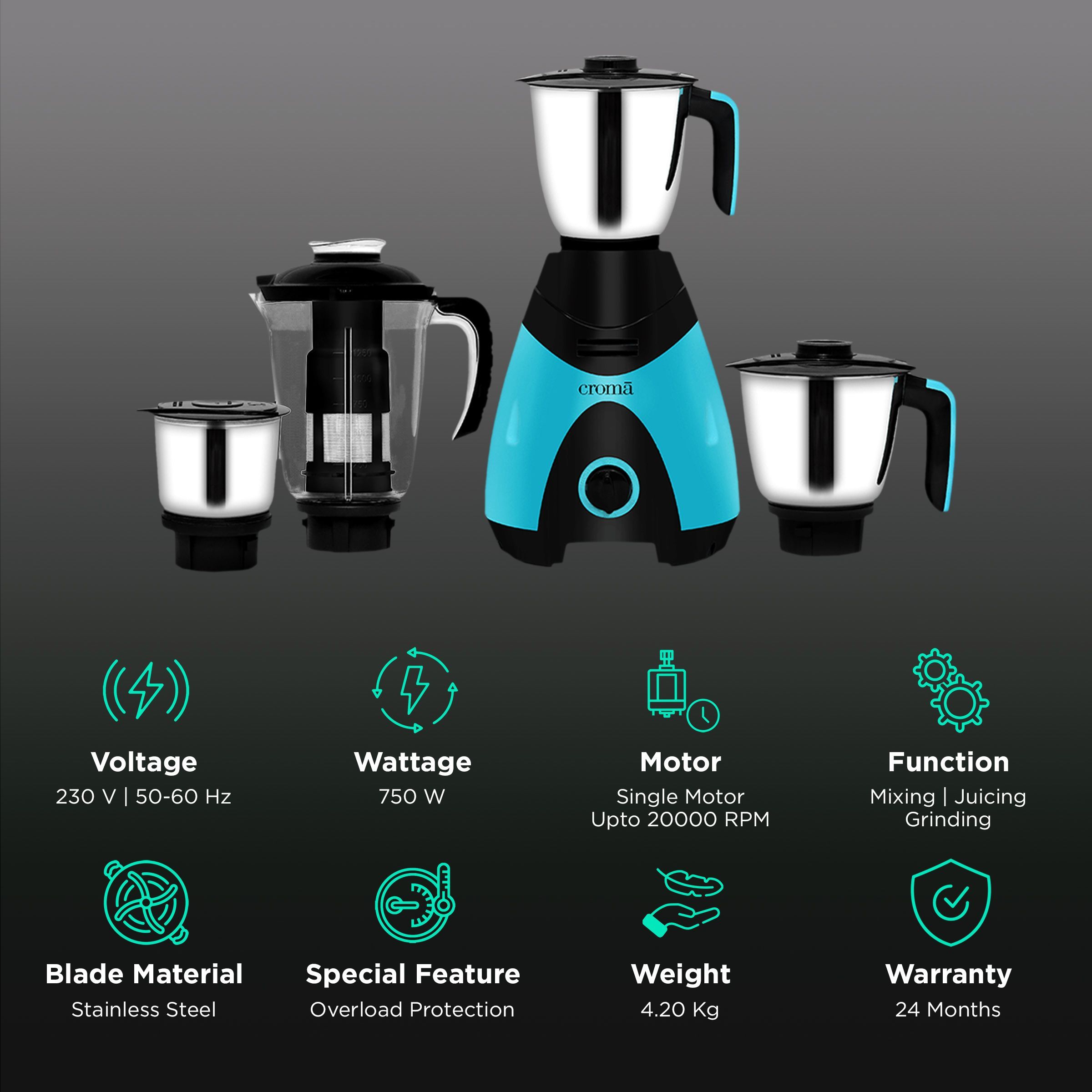 Croma 750 Watt 4 Jars Juicer Mixer Grinder (20000 RPM, Shock Proof Body, Black/Blue)_2