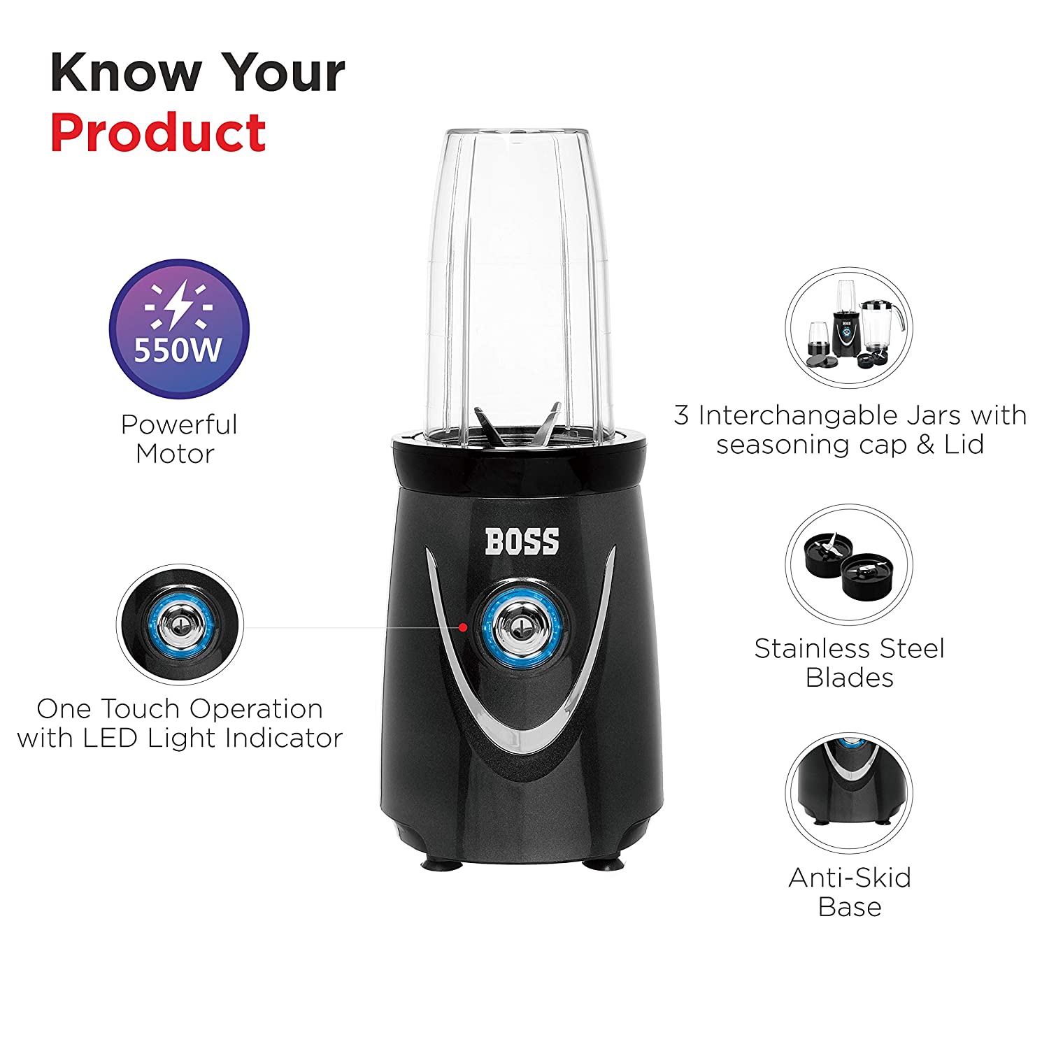 BOSS Nutri Plus 400 Watt 3 Jars Blender (LED Indicator, Dark Grey)_7