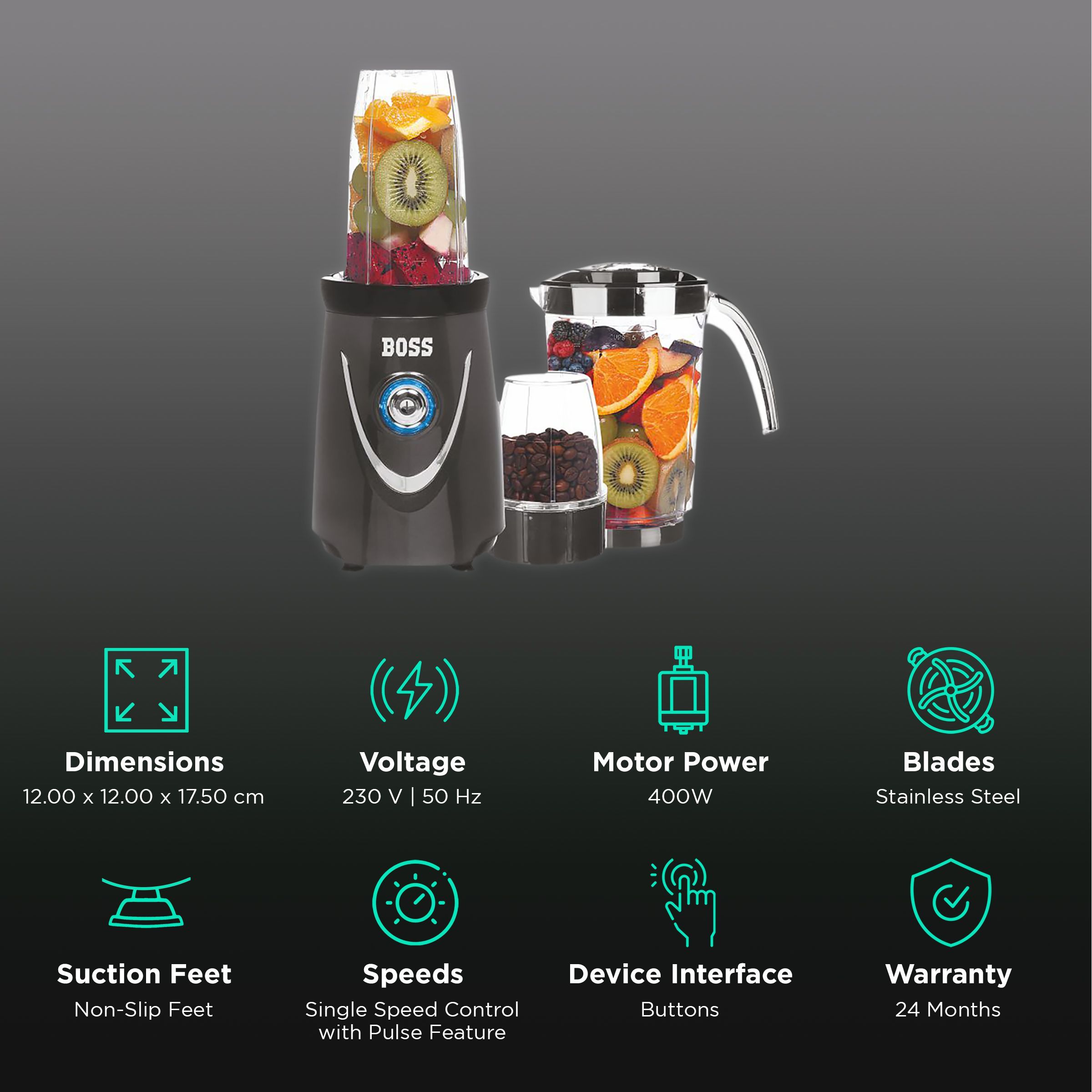 BOSS Nutri Plus 400 Watt 3 Jars Blender (LED Indicator, Dark Grey)_2