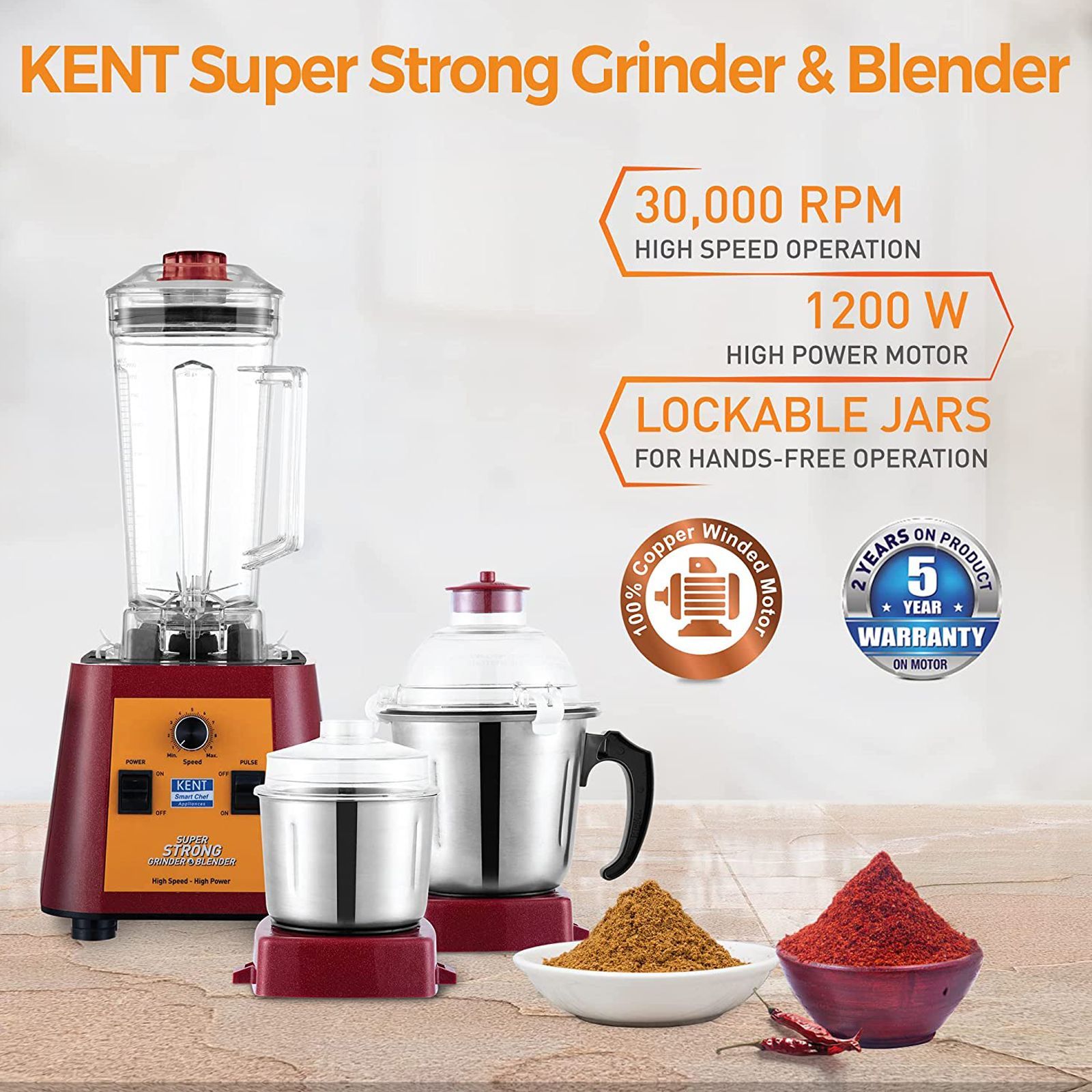 KENT Super Strong 1200 Watt 3 Jars Mixer Grinder Blender (30000 RPM, High Speed Operation, Red)_4