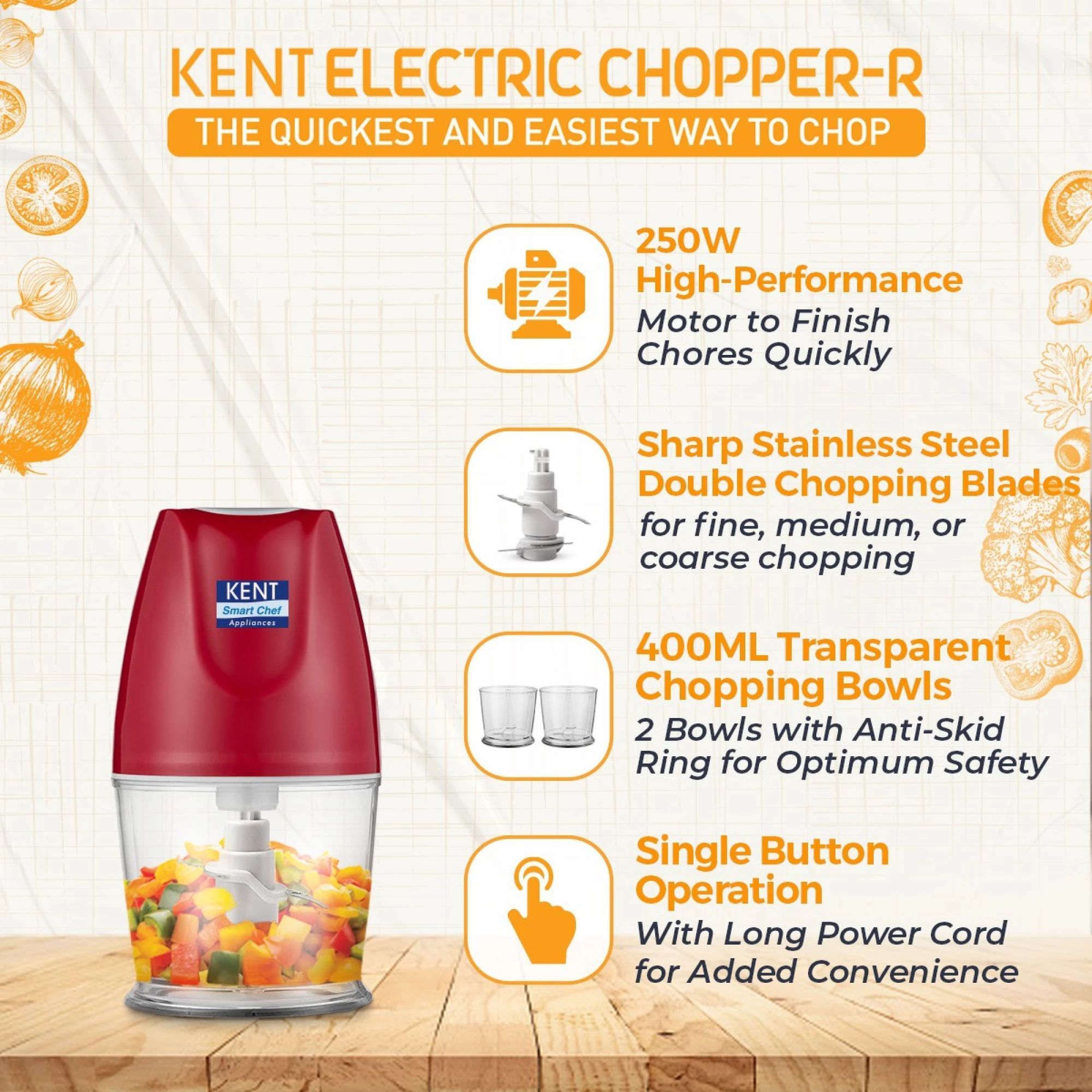 KENT 250 Watt Vegetable Chopper with 2 Blades (Red)_4