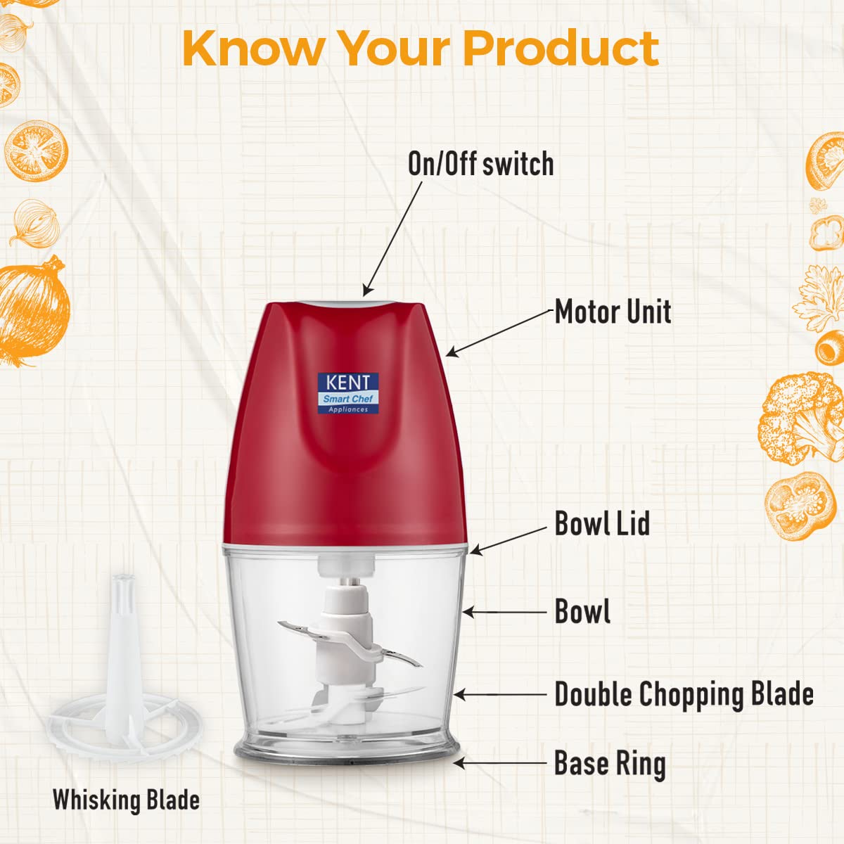 KENT 250 Watt Vegetable Chopper with 2 Blades (Red)_6