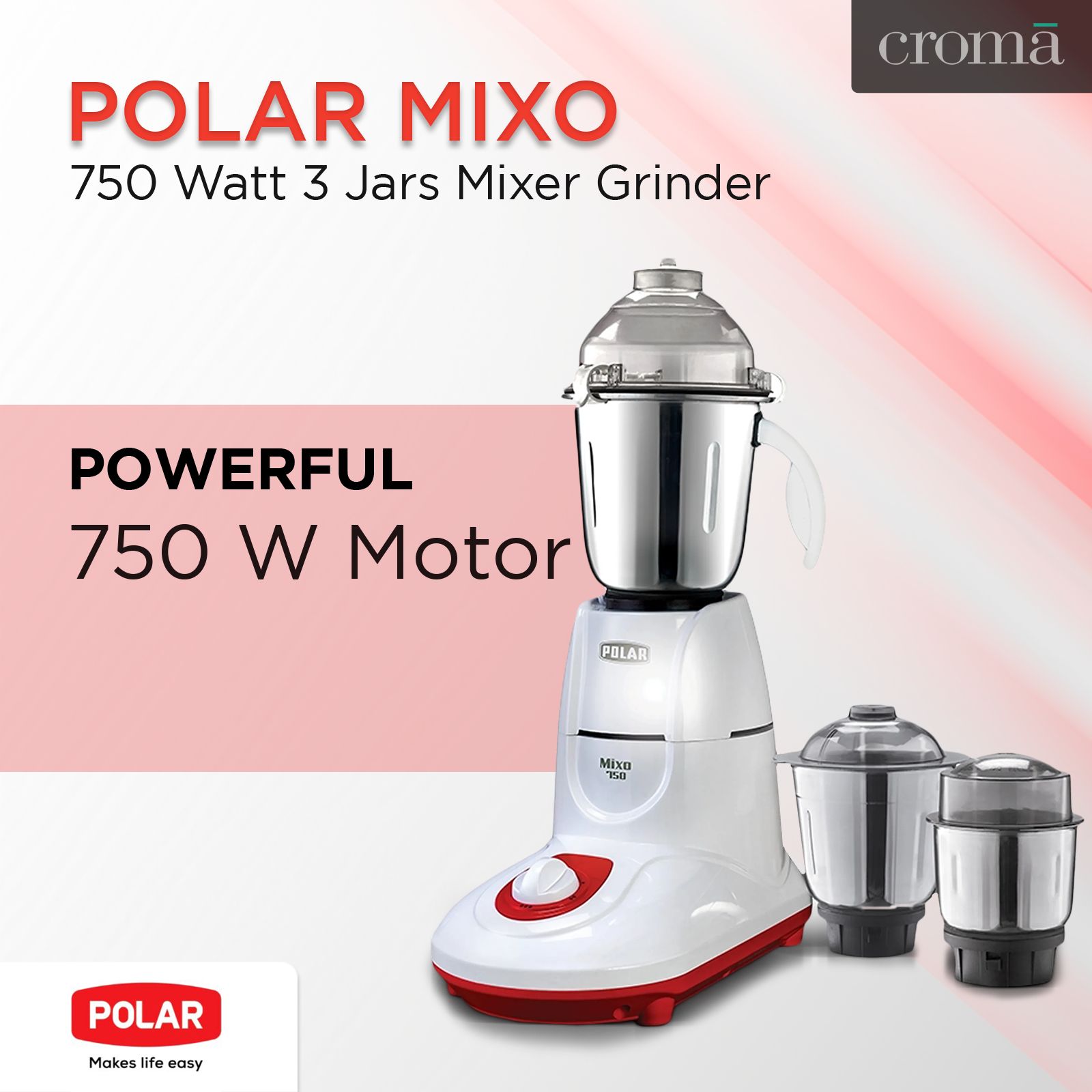 POLAR MIXO 750 Watt 3 Jars Mixer Grinder (Shock Proof Body, White)_5