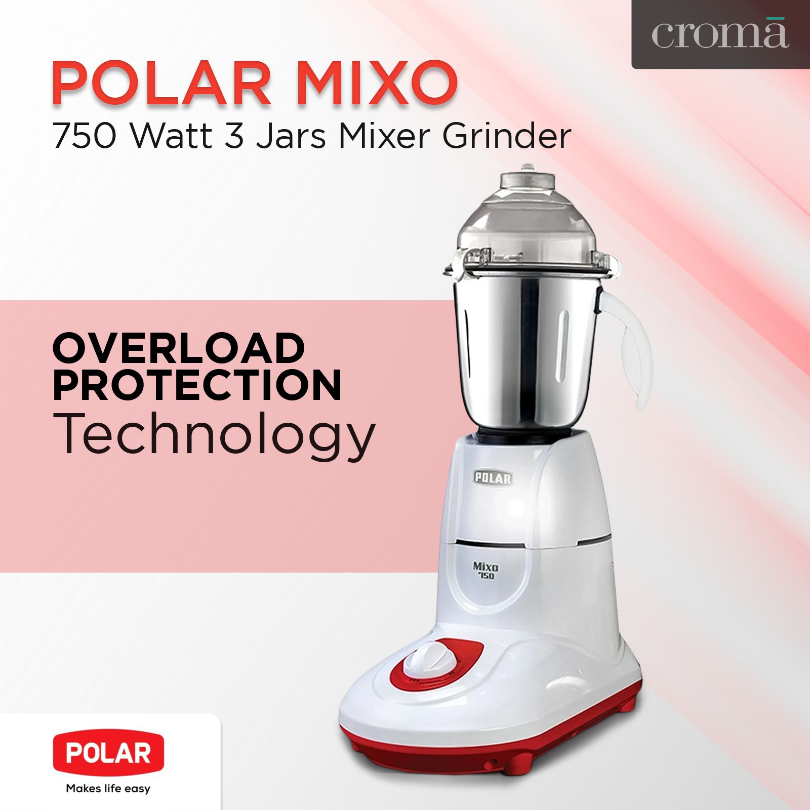 POLAR MIXO 750 Watt 3 Jars Mixer Grinder (Shock Proof Body, White)_6