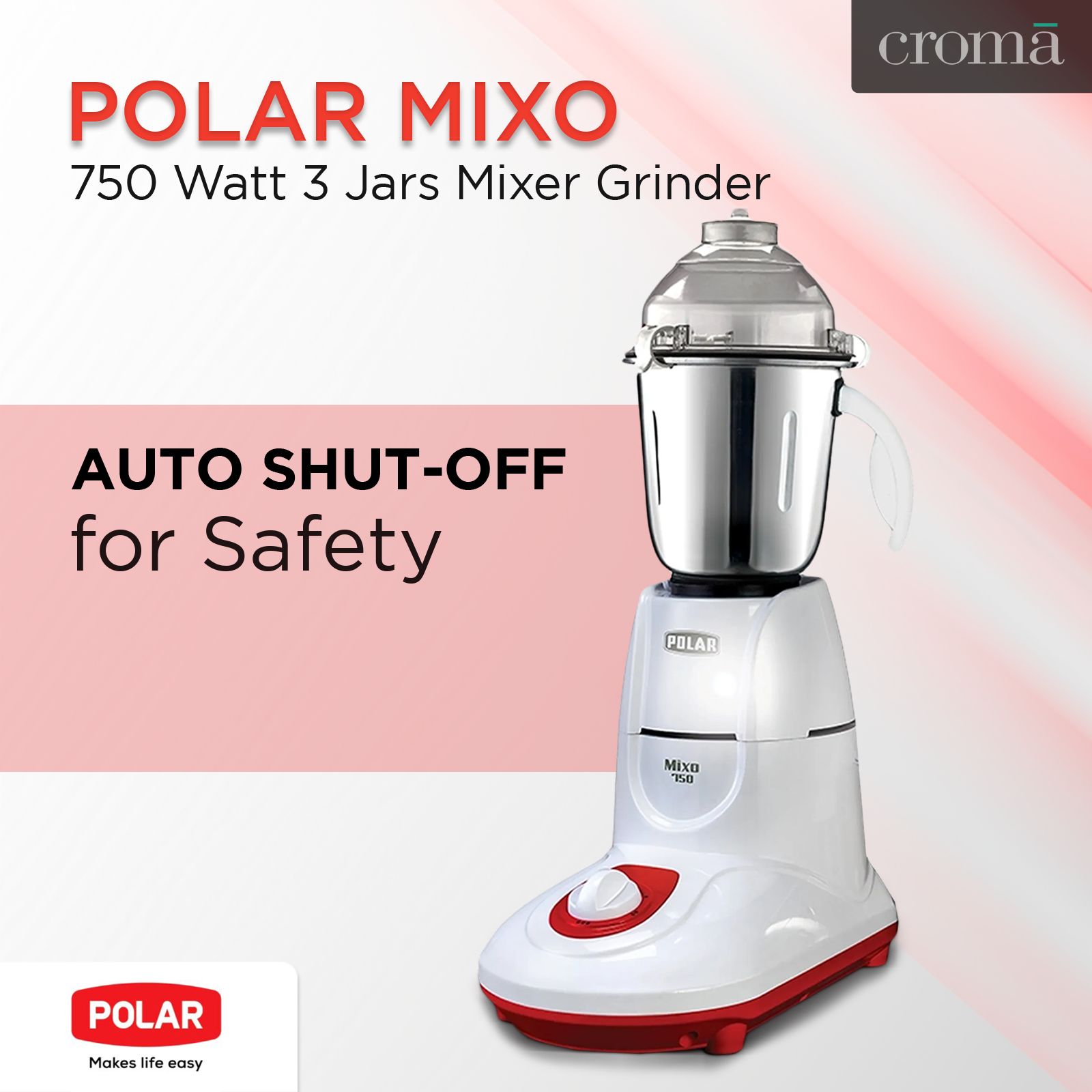 POLAR MIXO 750 Watt 3 Jars Mixer Grinder (Shock Proof Body, White)_7