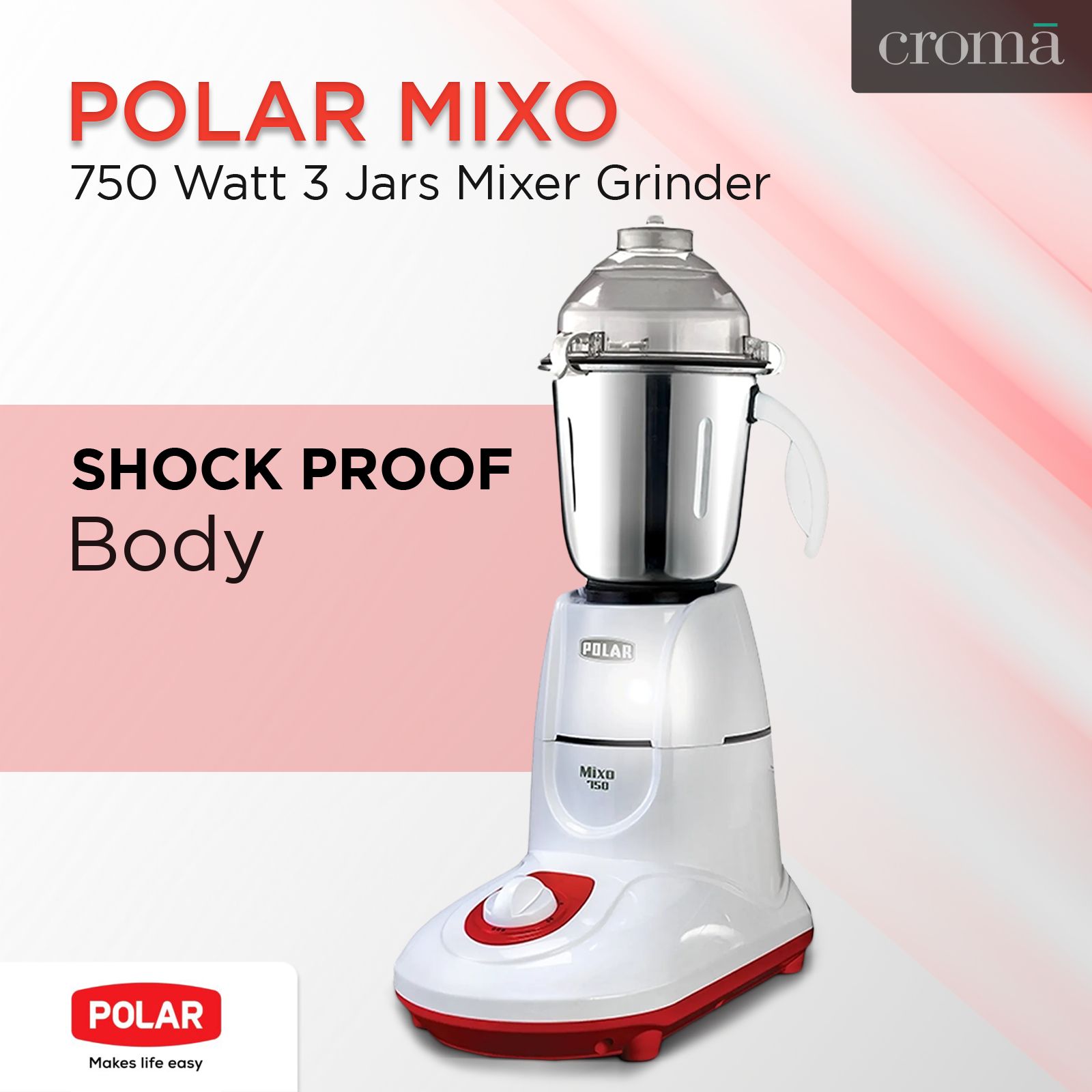 POLAR MIXO 750 Watt 3 Jars Mixer Grinder (Shock Proof Body, White)_8