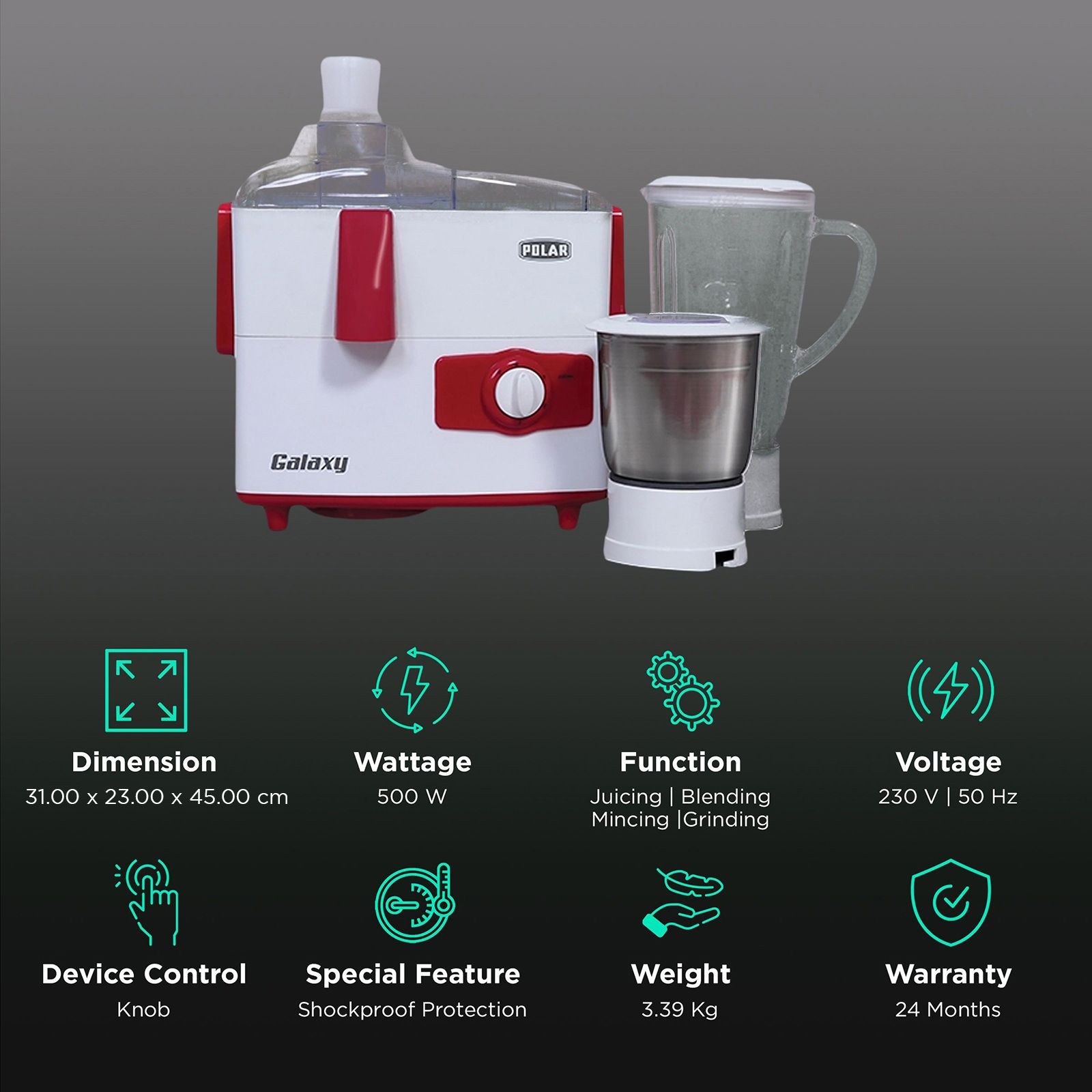 POLAR Galaxy 500 Watt 2 Jars Juicer Mixer Grinder (18000 RPM, Auto Shut Off, White)_2
