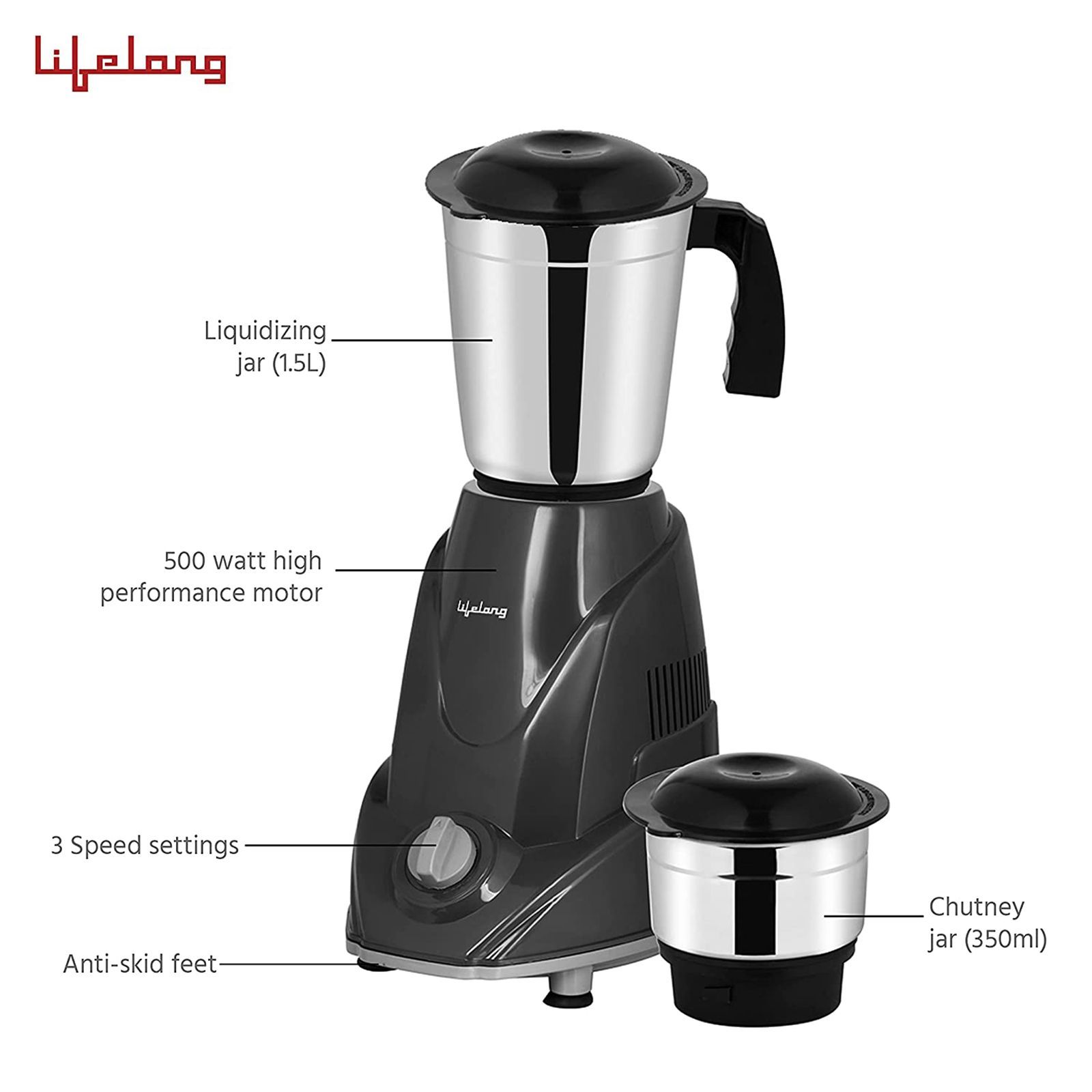 Lifelong Duos 500 Watt 2 Jars Mixer Grinder (Shock Proof Body, Grey) Lifelong Duos 500 Watt 2 Jars Mixer Grinder (Shock Proof Body, Grey)_6