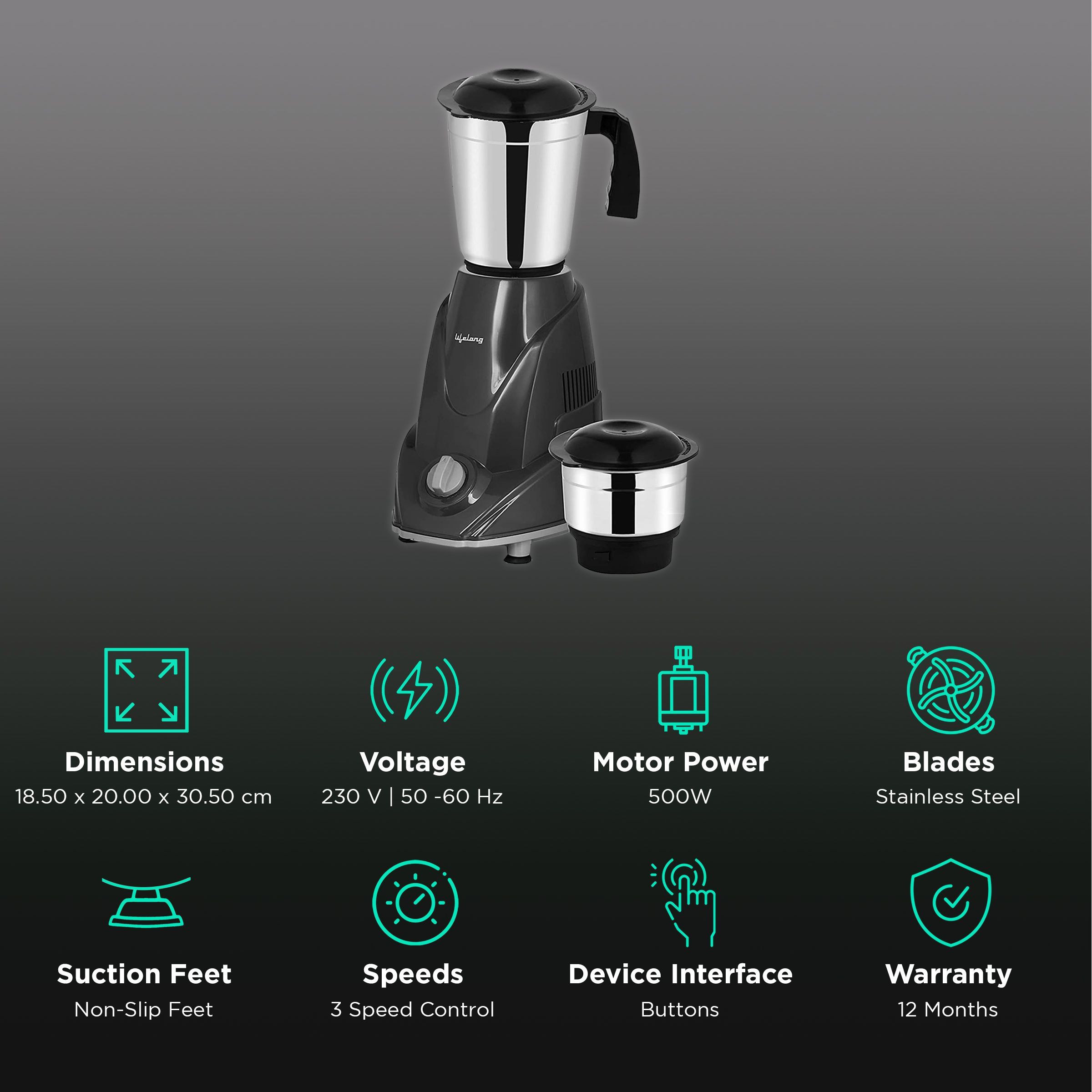 Lifelong Duos 500 Watt 2 Jars Mixer Grinder (Shock Proof Body, Grey) Lifelong Duos 500 Watt 2 Jars Mixer Grinder (Shock Proof Body, Grey)_2