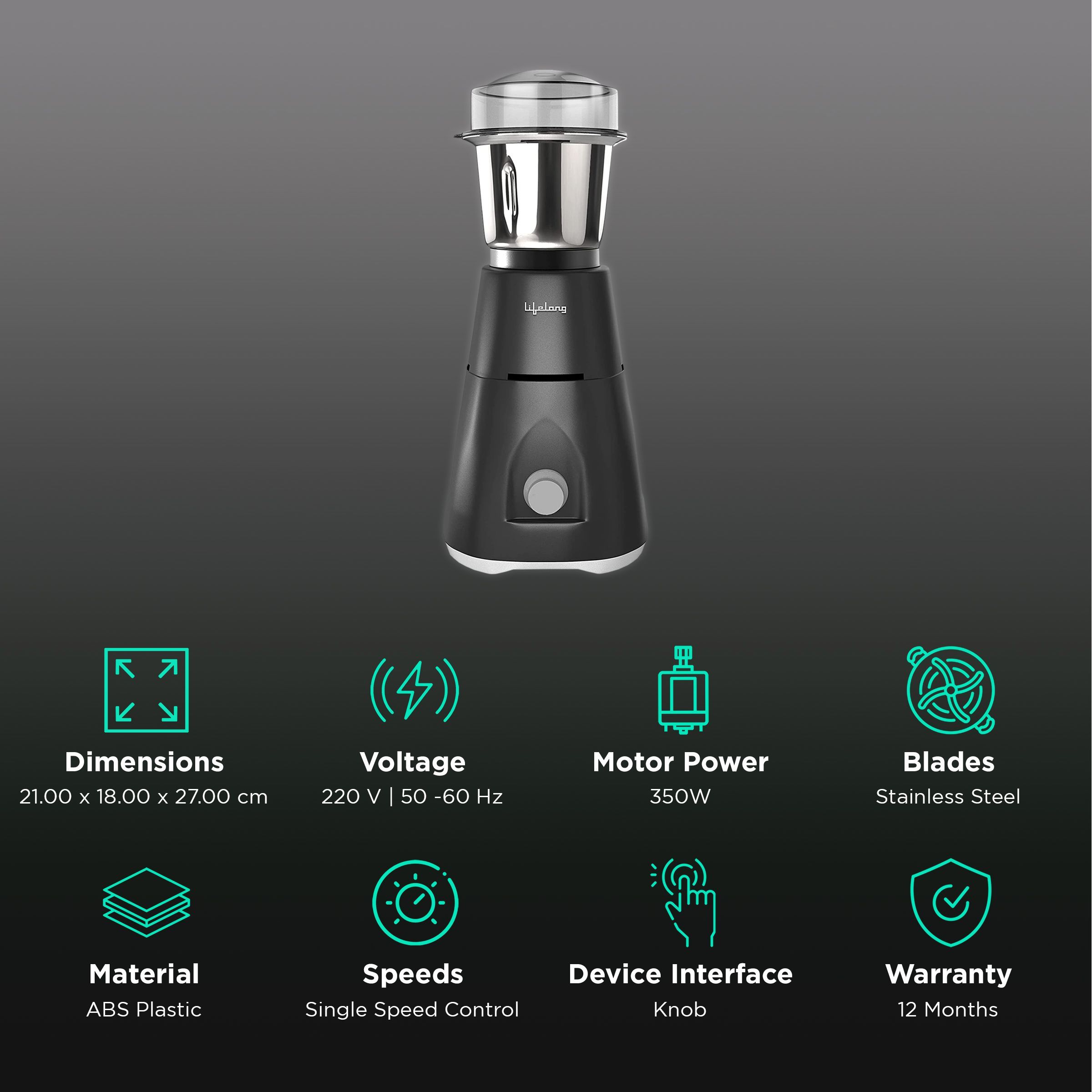 Lifelong Uno LX 350 Watt 1 Jar Mixer Grinder (Ergonomic Design, Grey) Lifelong Uno LX 350 Watt 1 Jar Mixer Grinder (Ergonomic Design, Grey)_2