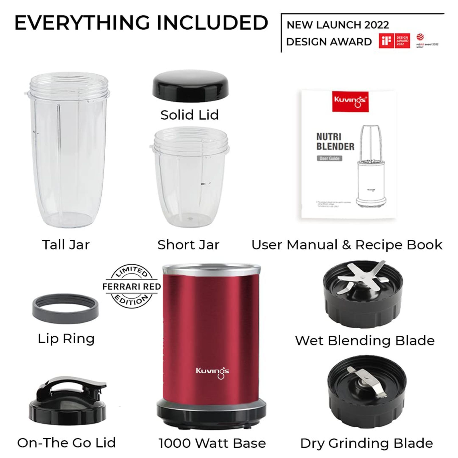 Kuvings Nutri Pro 1000 Watt 2 Jars Blender (22000 RPM, Super Quiet Motor, Ferrari Red)_4