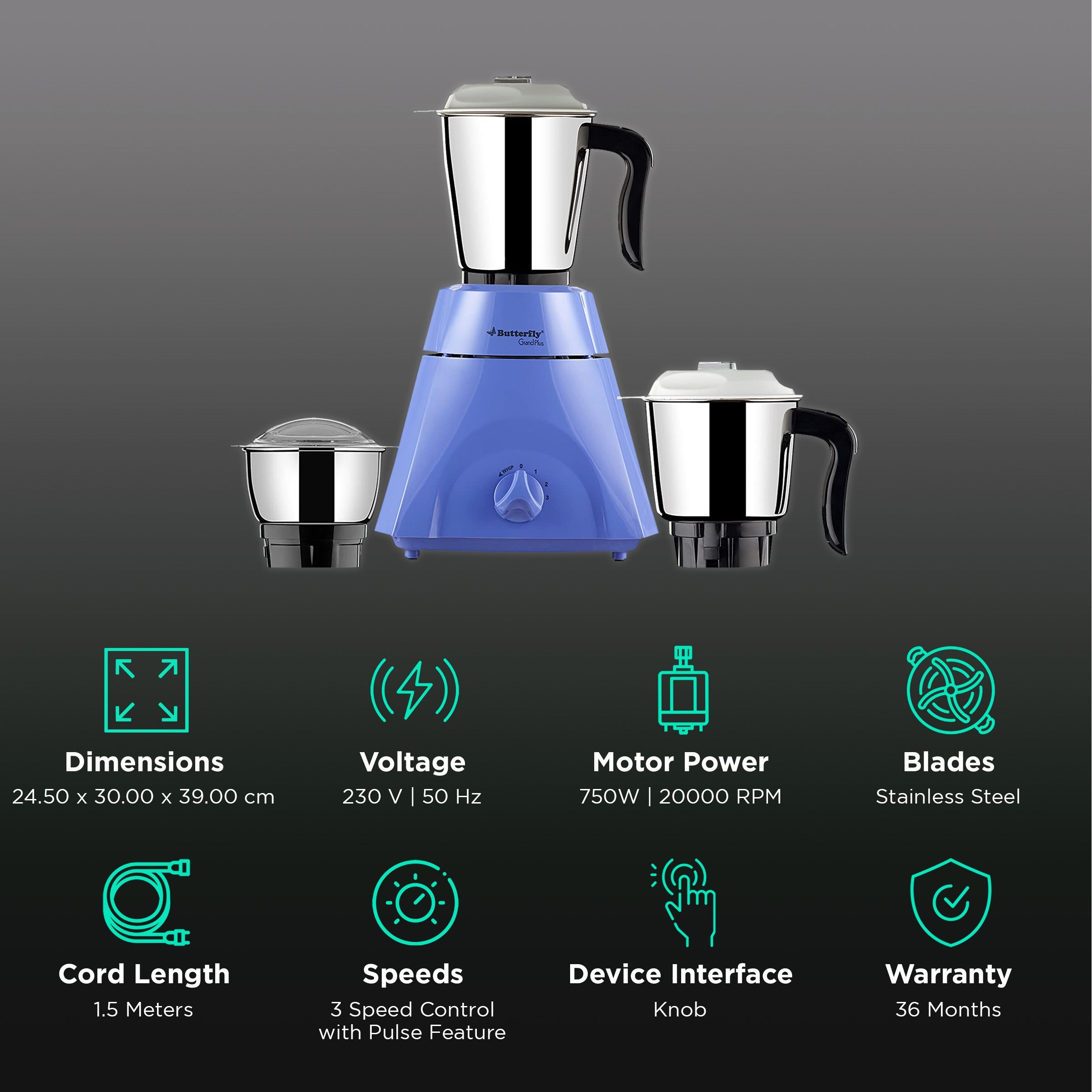 Butterfly Grand Plus 750 Watt 3 Jars Mixer Grinder (20000 RPM, Shock Proof Body, White)_2