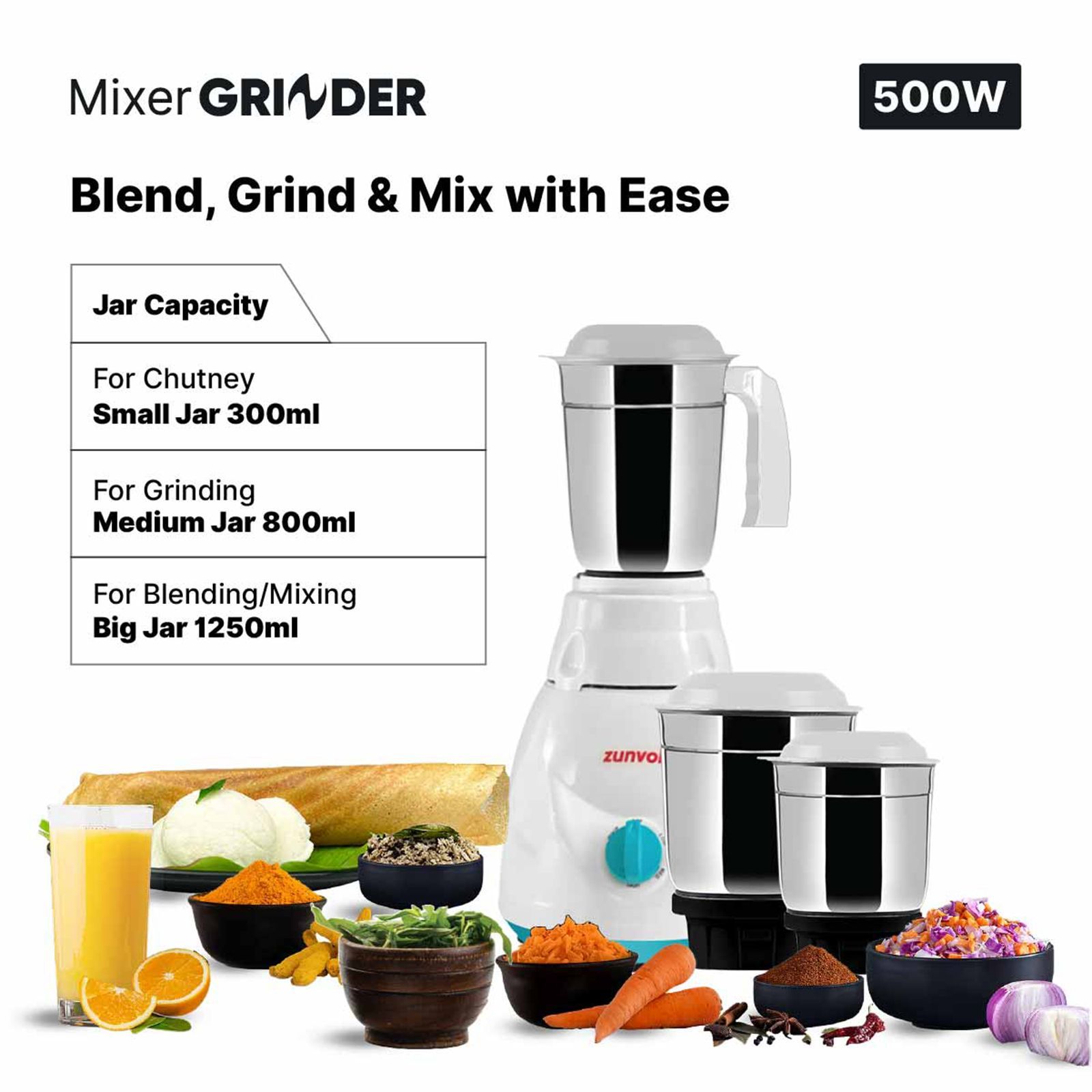 zunvolt 500 Watt 3 Jars Mixer Grinder (22000 RPM, Powerful Motor, White)_5