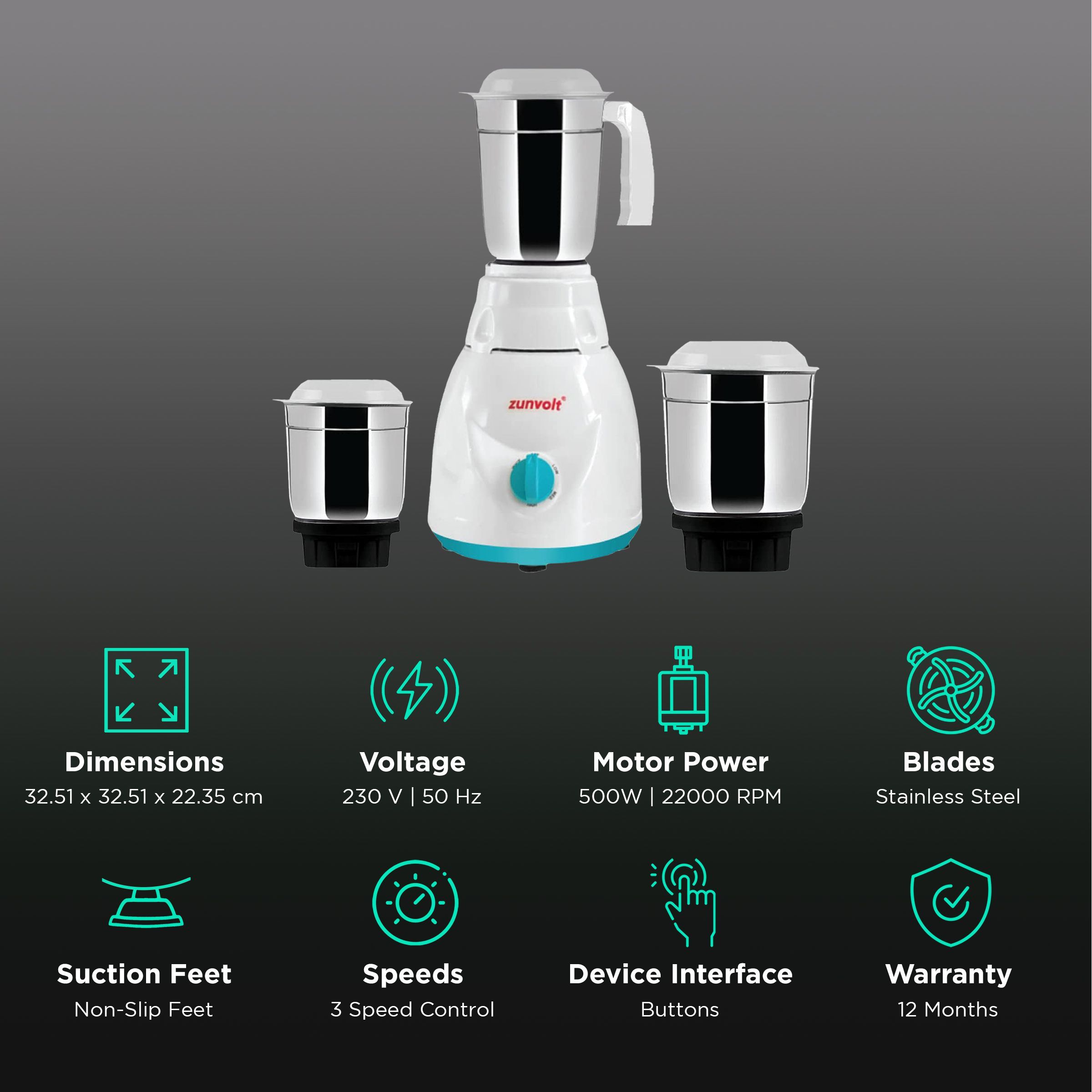 zunvolt 500 Watt 3 Jars Mixer Grinder (22000 RPM, Powerful Motor, White)_2