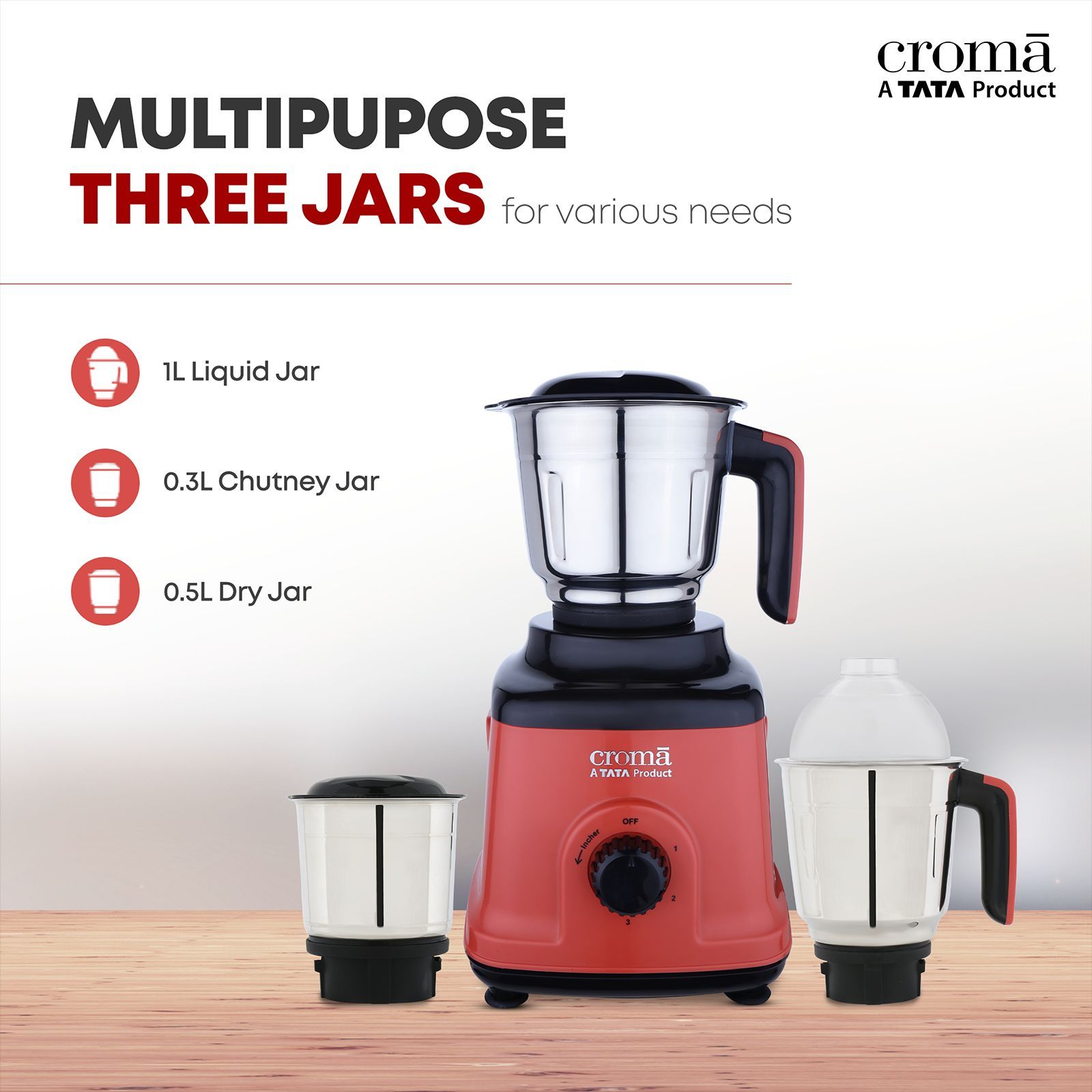 Croma 750 Watt 3 Jars Mixer Grinder (20000 RPM, Overload Protection, Red & Black)_12