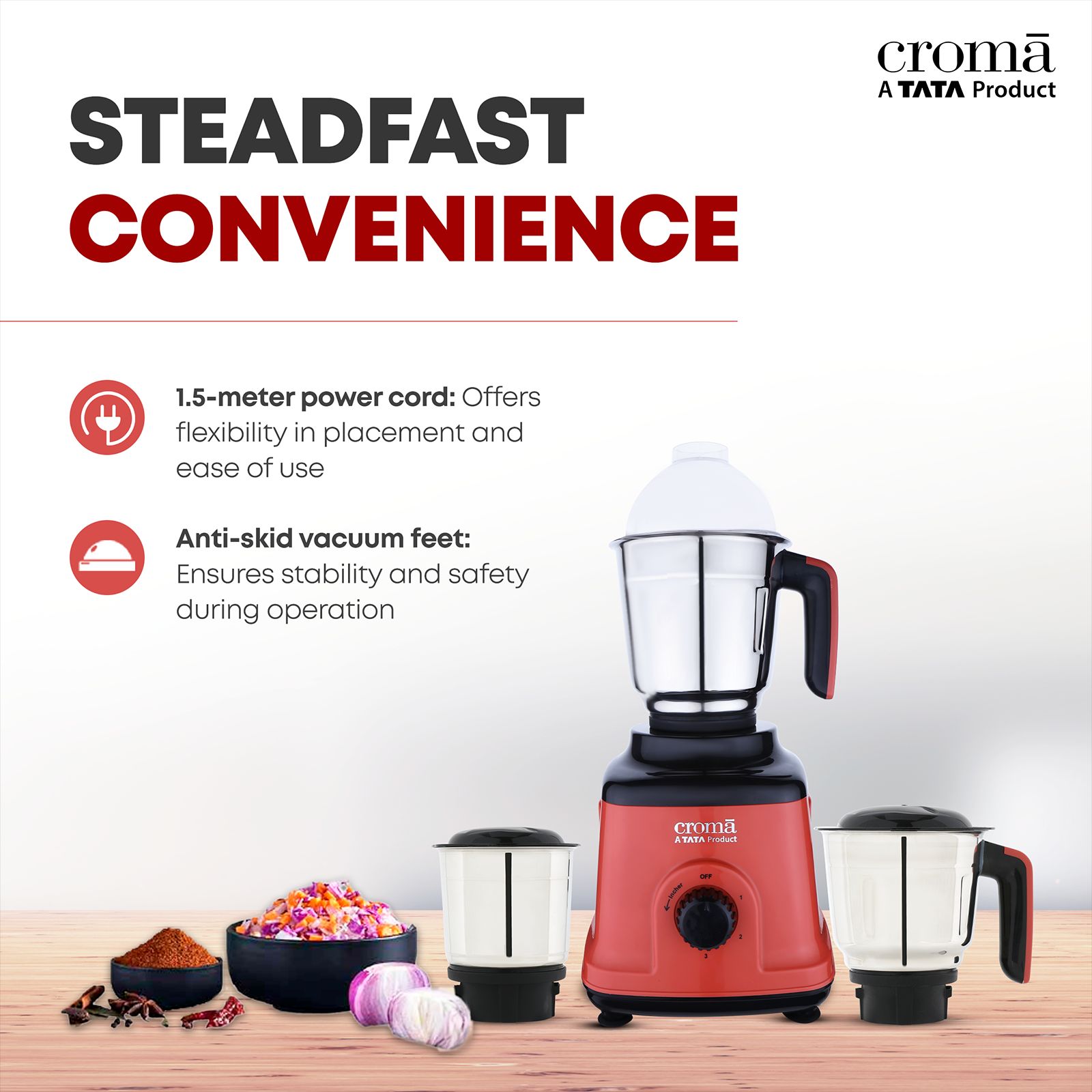 Croma 750 Watt 3 Jars Mixer Grinder (20000 RPM, Overload Protection, Red & Black)_15