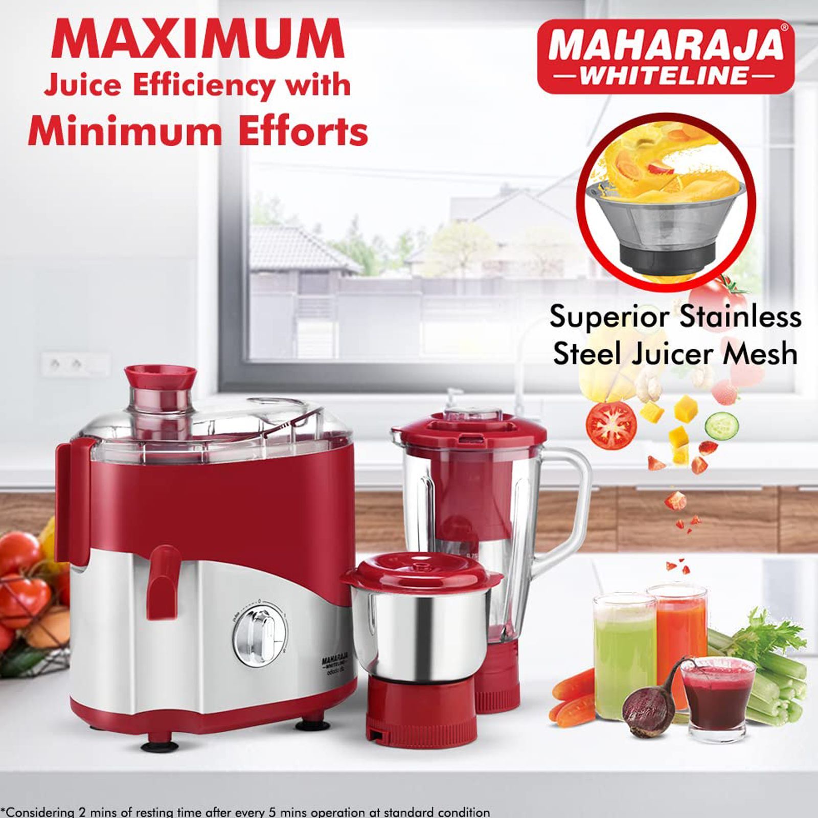MAHARAJA WHITELINE Odacio DLX 550 Watt 2 Jars Juicer Mixer Grinder (Overload Protection, Cherry Red)_5