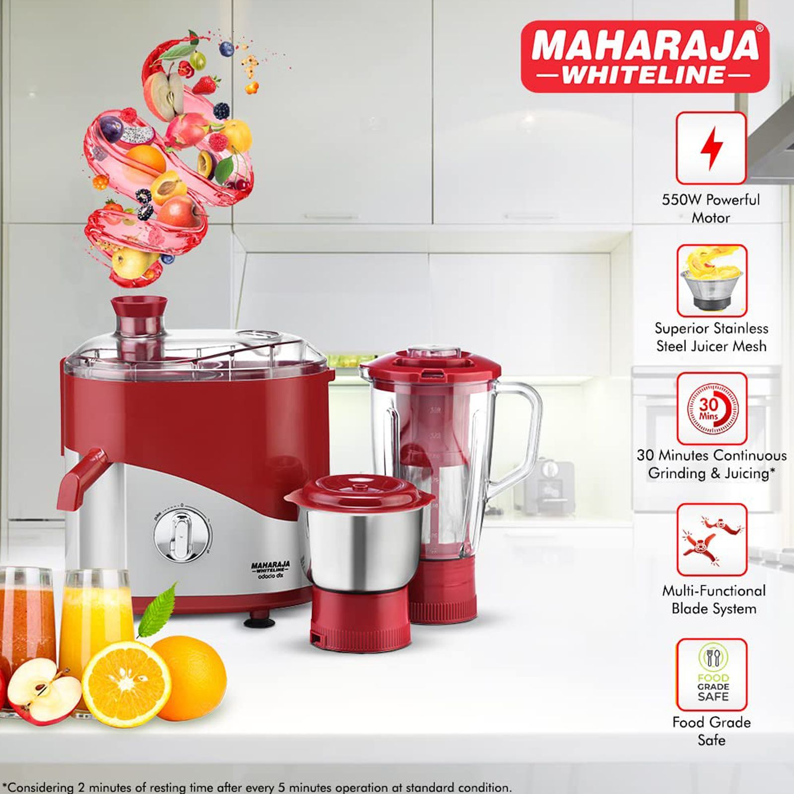MAHARAJA WHITELINE Odacio DLX 550 Watt 2 Jars Juicer Mixer Grinder (Overload Protection, Cherry Red)_6