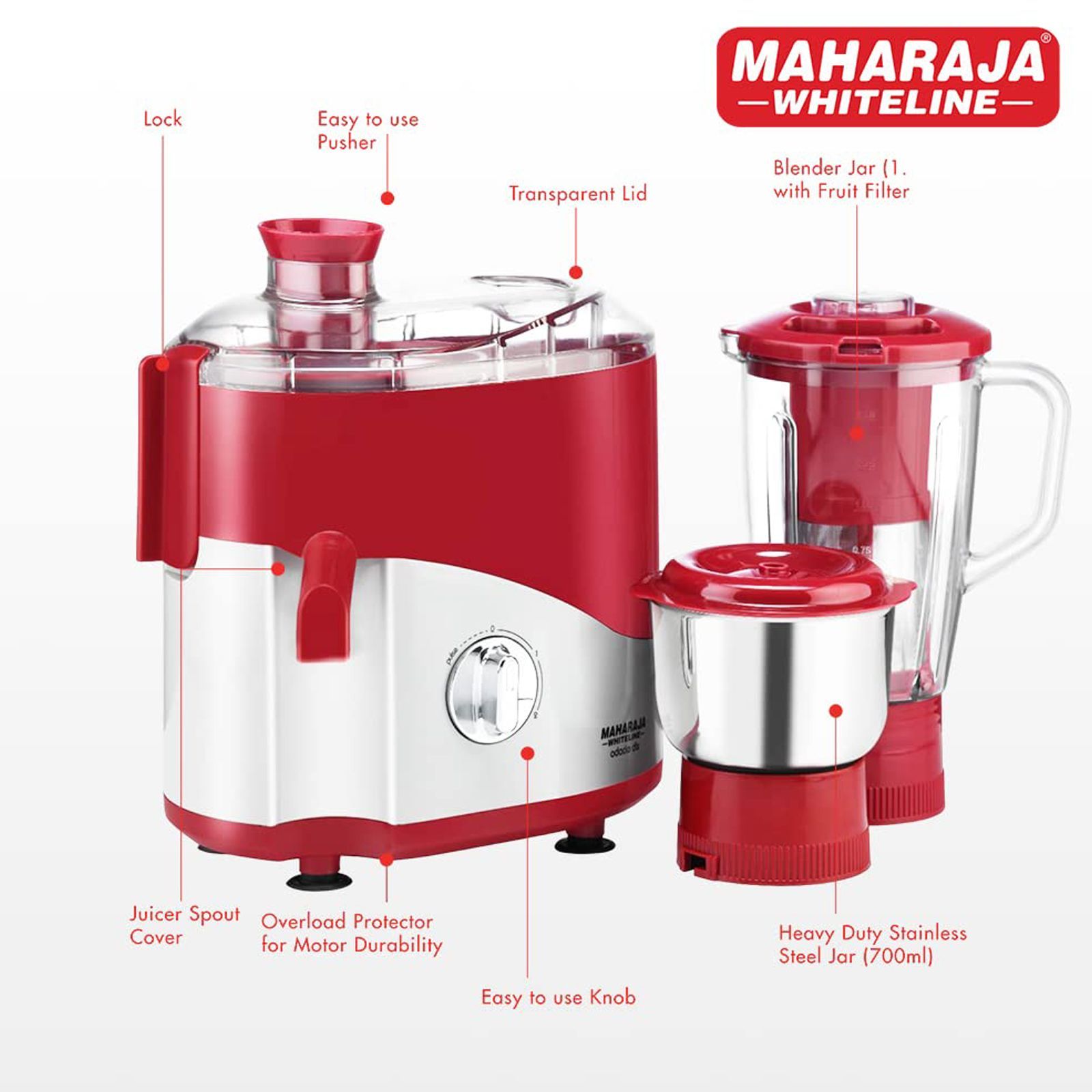 MAHARAJA WHITELINE Odacio DLX 550 Watt 2 Jars Juicer Mixer Grinder (Overload Protection, Cherry Red)_7