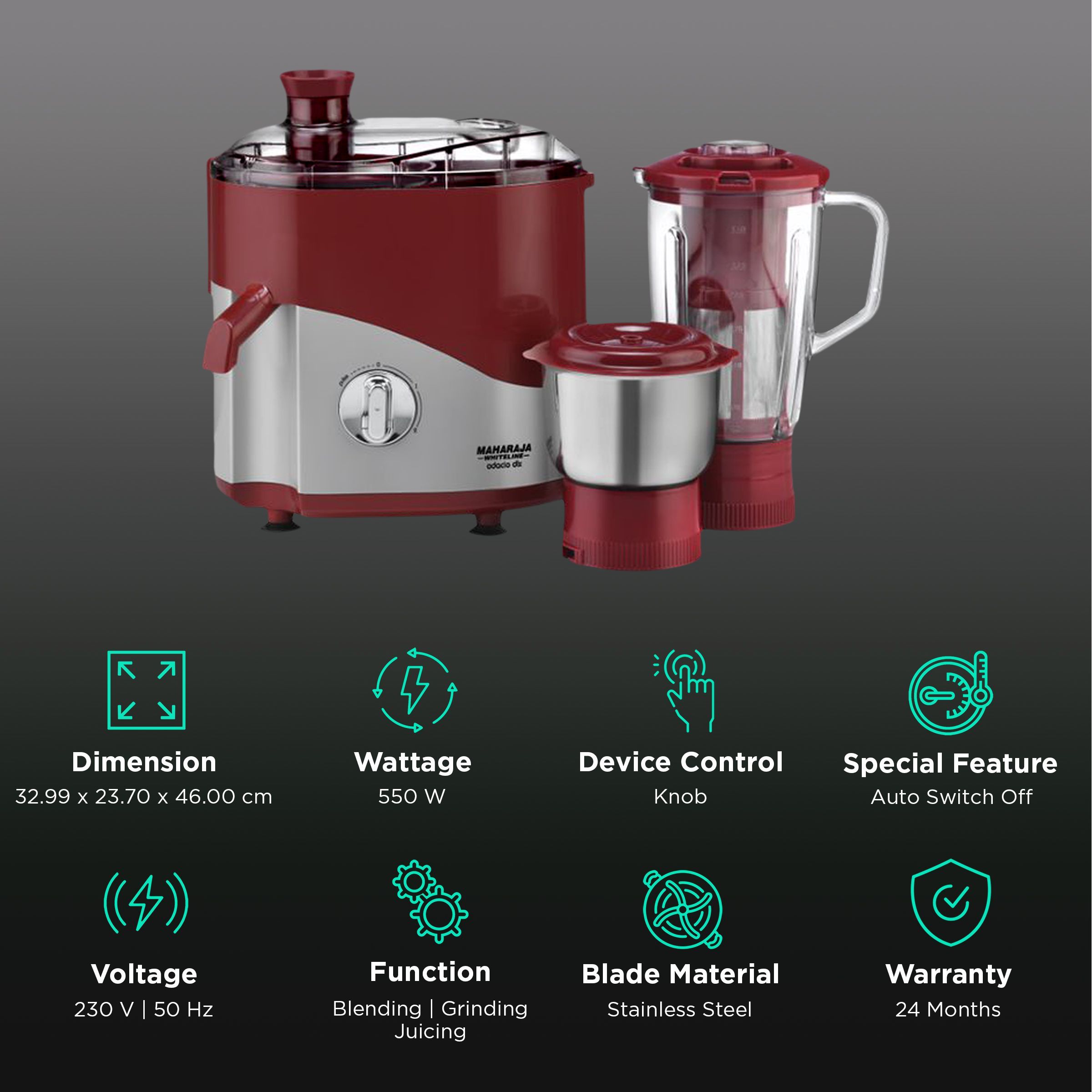 MAHARAJA WHITELINE Odacio DLX 550 Watt 2 Jars Juicer Mixer Grinder (Overload Protection, Cherry Red)_2