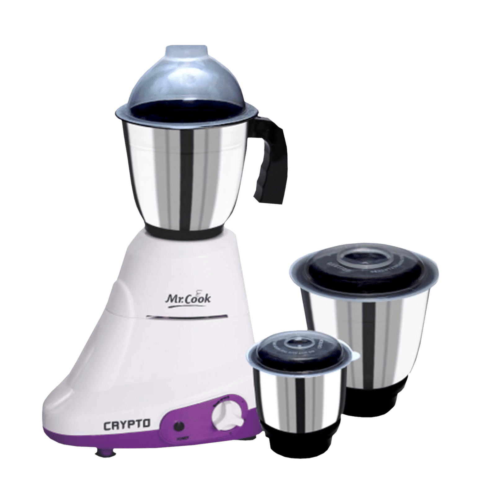 MR COOK Crypto 600 Watt 3 Jars Mixer Grinder (3 Speed Control, White & Purple)_1