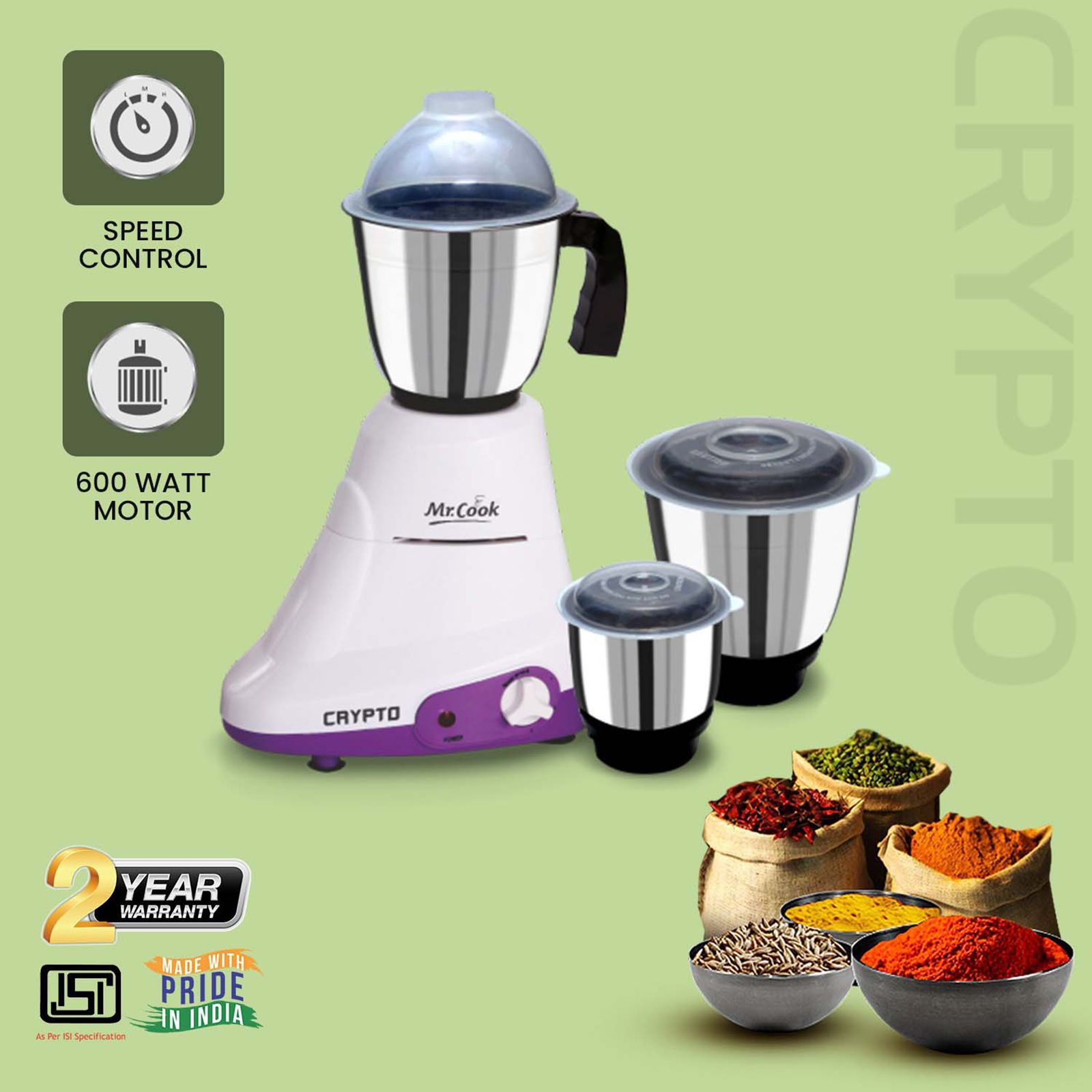 MR COOK Crypto 600 Watt 3 Jars Mixer Grinder (3 Speed Control, White & Purple)_5