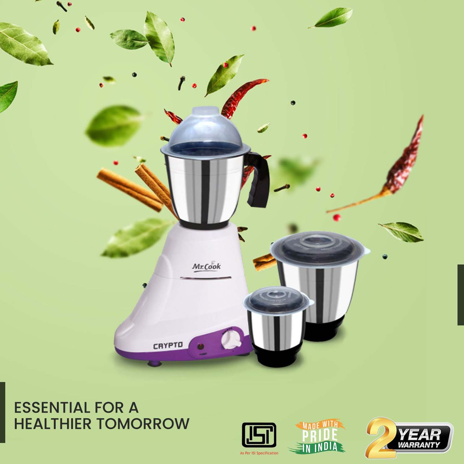 MR COOK Crypto 600 Watt 3 Jars Mixer Grinder (3 Speed Control, White & Purple)_8