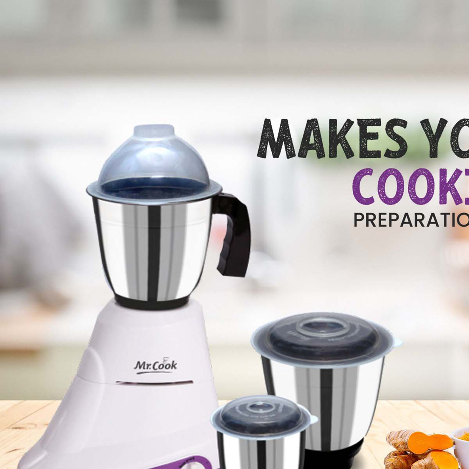 MR COOK Crypto 600 Watt 3 Jars Mixer Grinder (3 Speed Control, White & Purple)_9