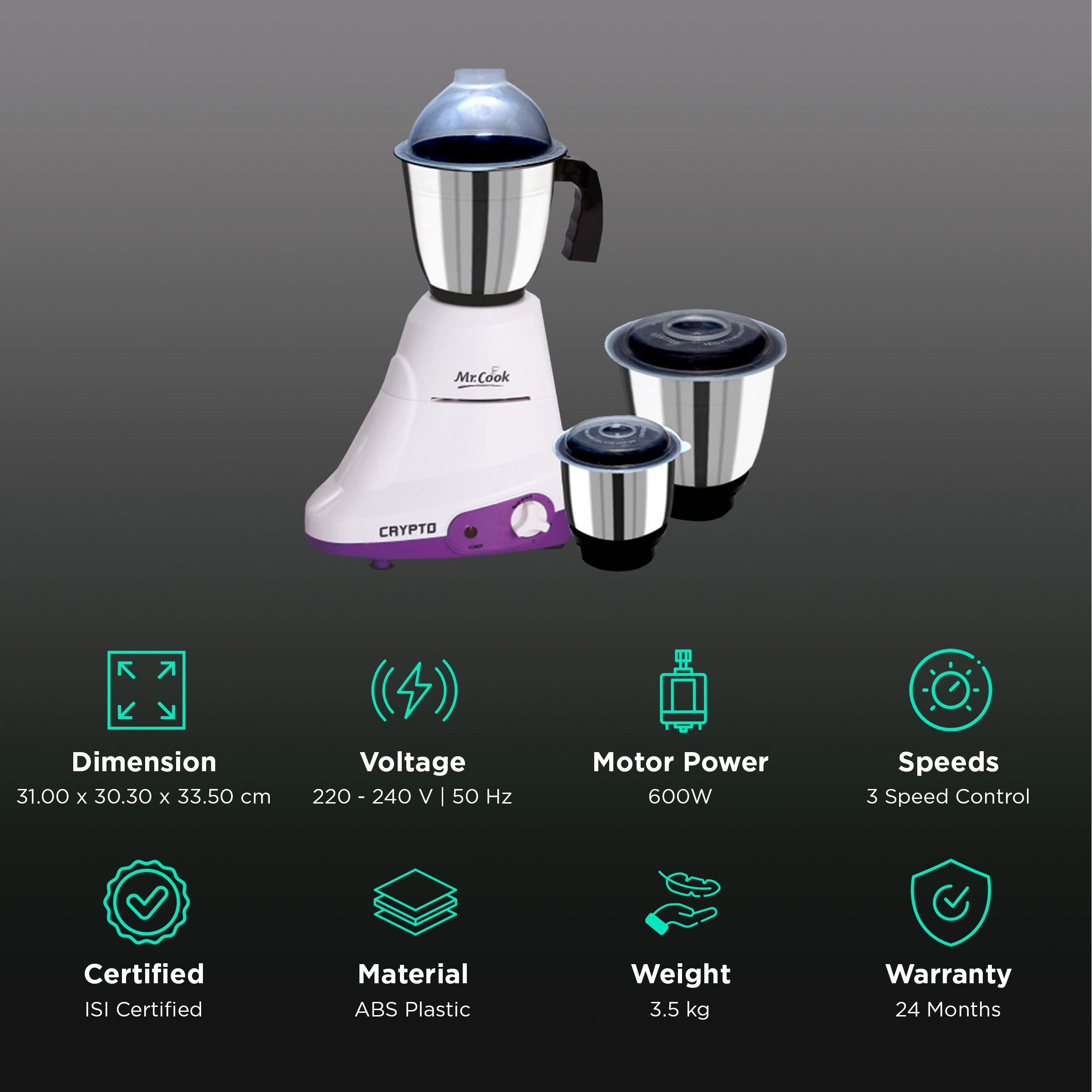 MR COOK Crypto 600 Watt 3 Jars Mixer Grinder (3 Speed Control, White & Purple)_2