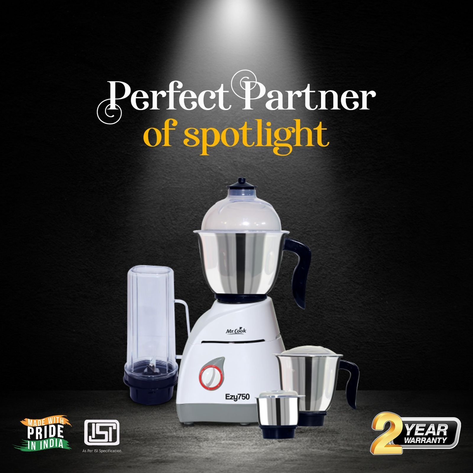 MR COOK Ezy750 750 Watt 4 Jars Mixer Grinder (Overload Protection, White & Grey)_5