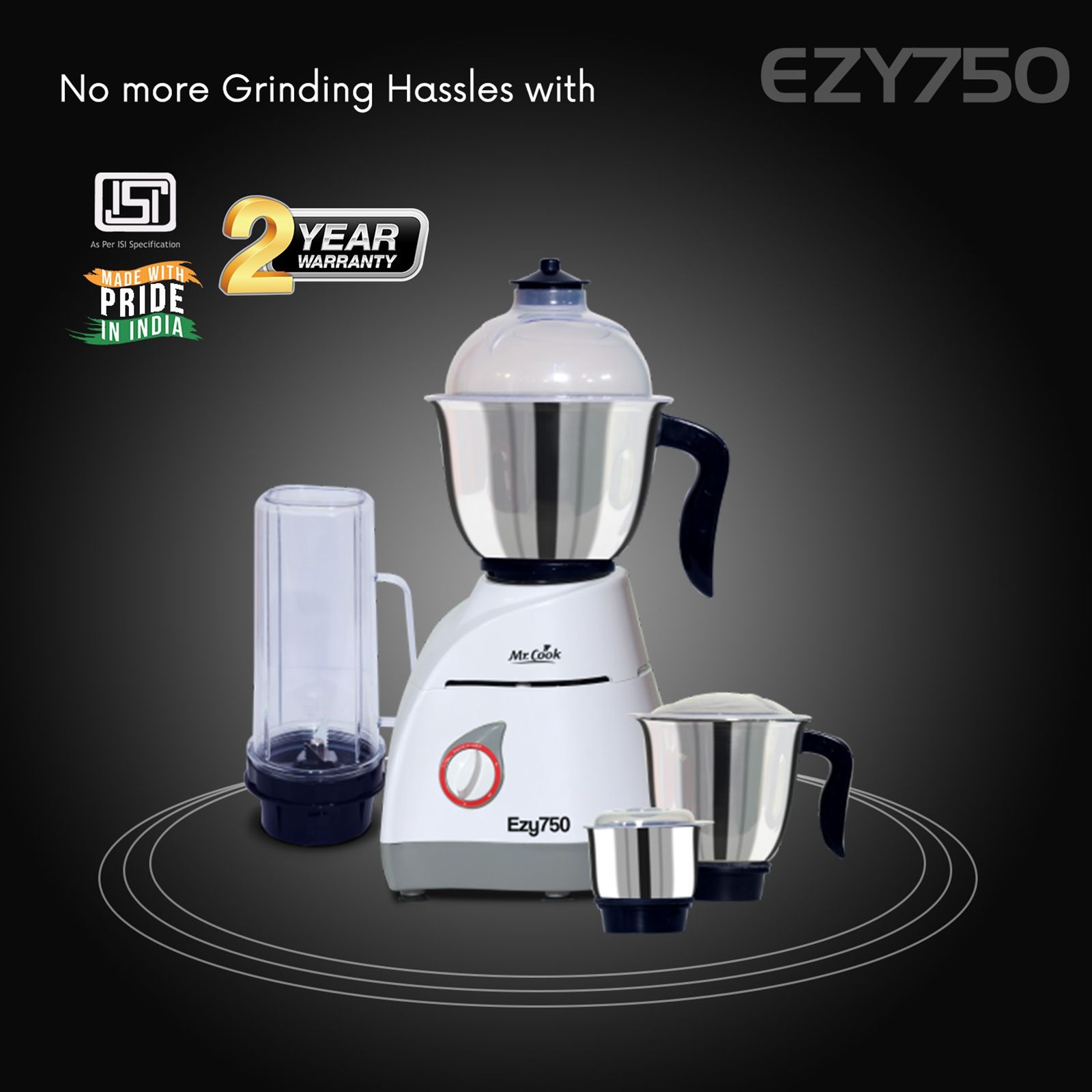 MR COOK Ezy750 750 Watt 4 Jars Mixer Grinder (Overload Protection, White & Grey)_7