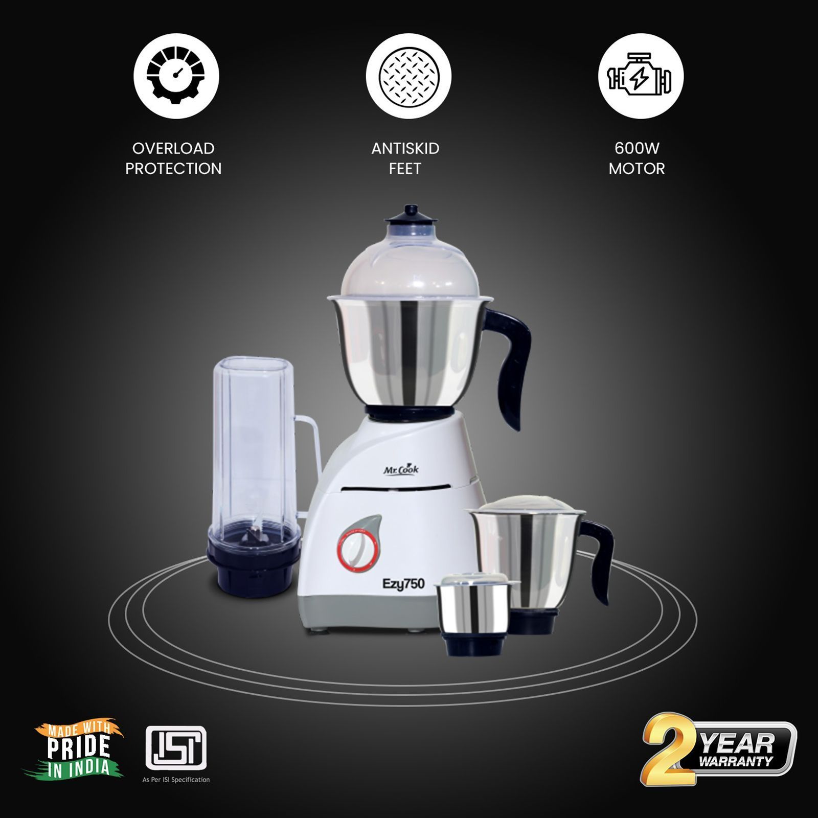 MR COOK Ezy750 750 Watt 4 Jars Mixer Grinder (Overload Protection, White & Grey)_8
