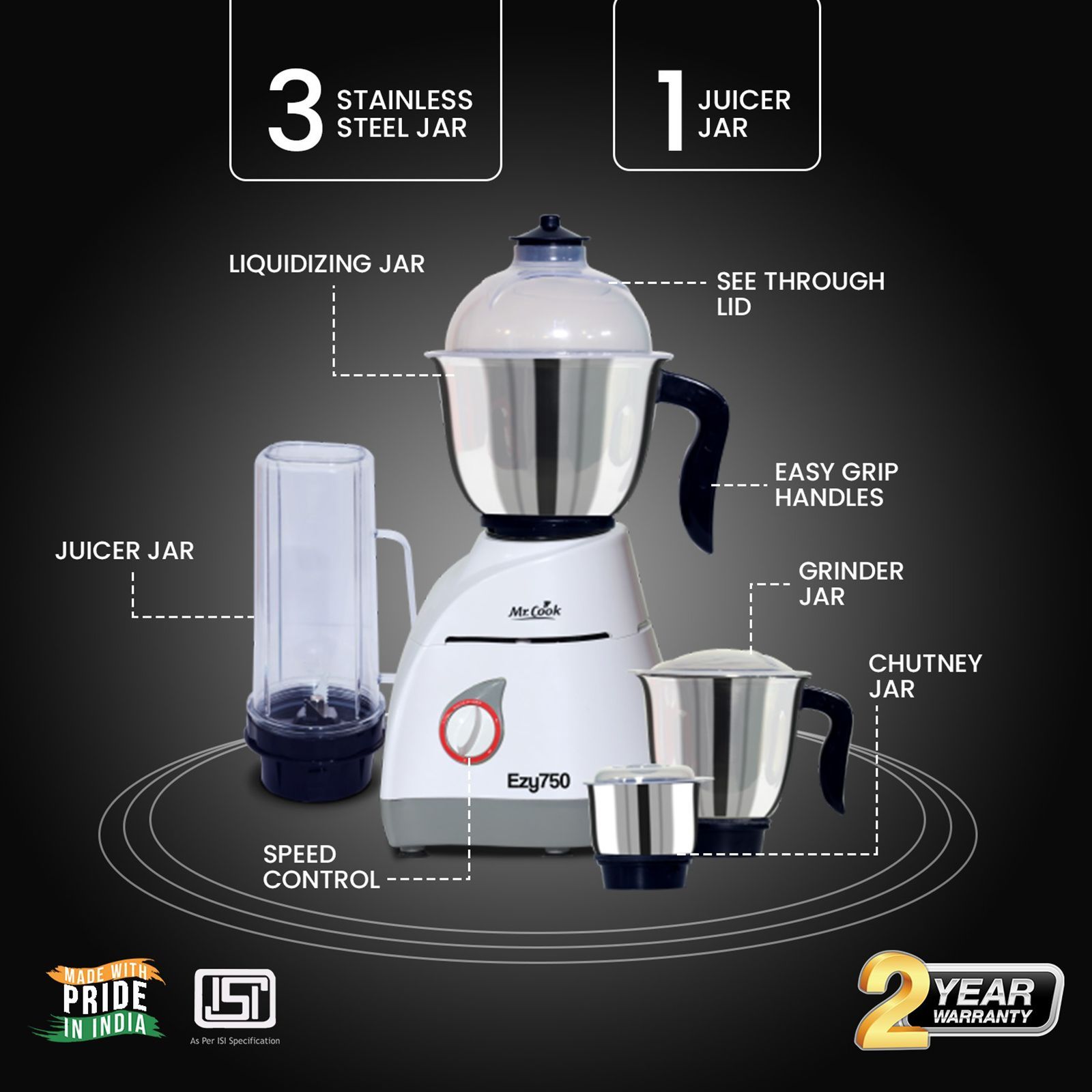 MR COOK Ezy750 750 Watt 4 Jars Mixer Grinder (Overload Protection, White & Grey)_9