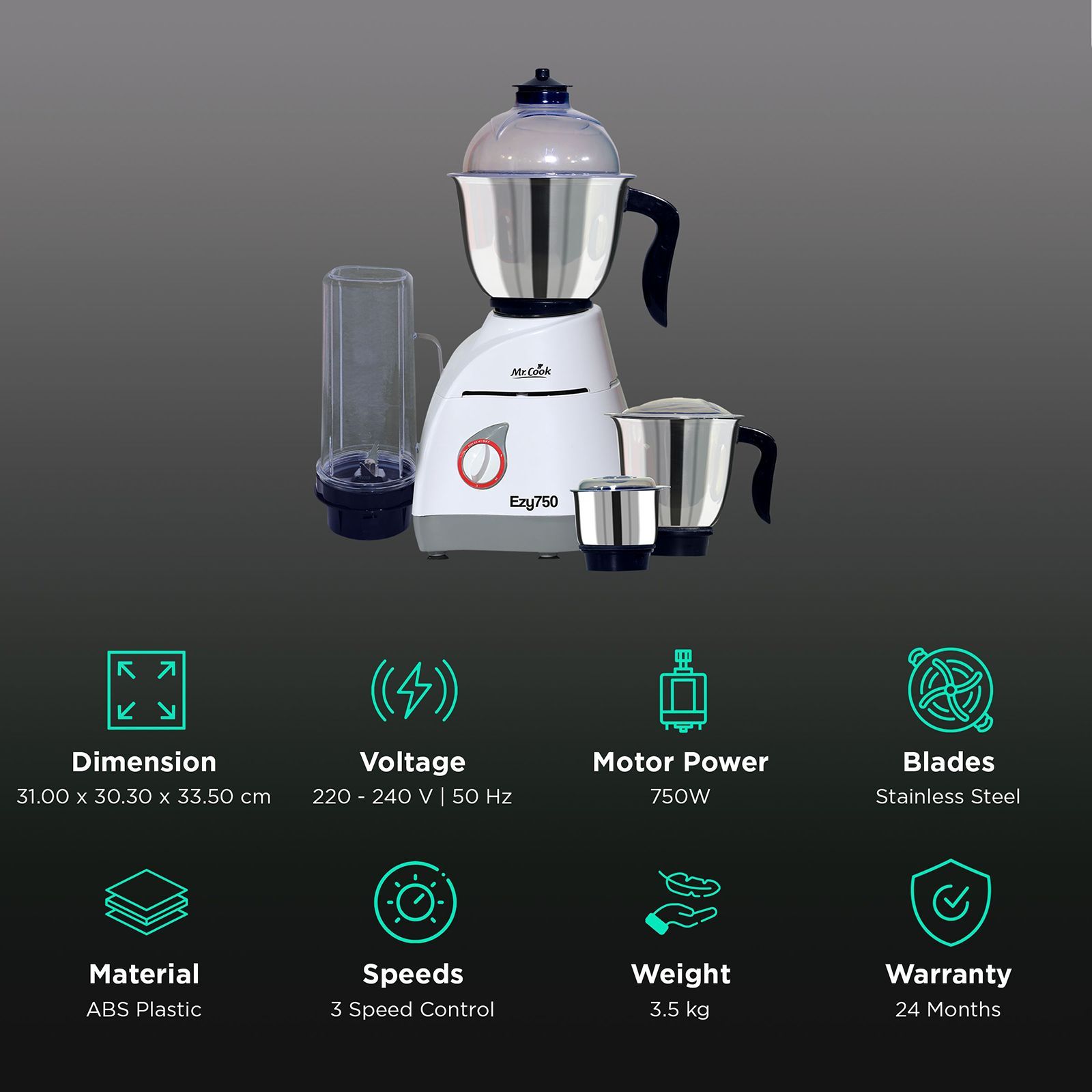 MR COOK Ezy750 750 Watt 4 Jars Mixer Grinder (Overload Protection, White & Grey)_2