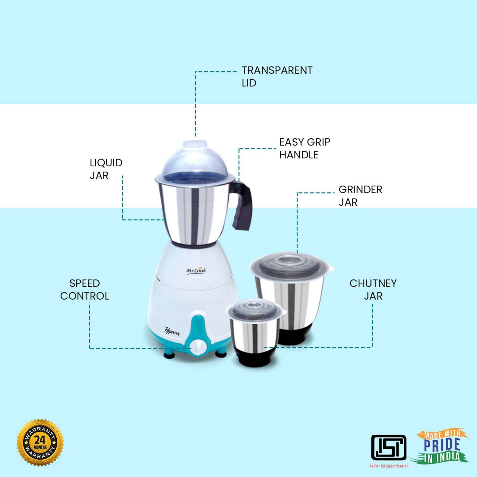 MR COOK Hypermix 500 Watt 3 Jars Mixer Grinder (3 Speed Control, Sky Blue) MR COOK Hypermix 500 Watt 3 Jars Mixer Grinder (3 Speed Control, Sky Blue)_5