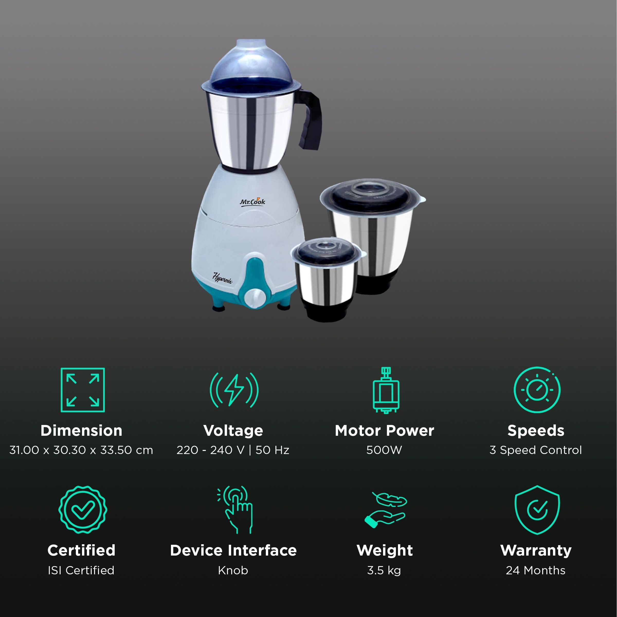 MR COOK Hypermix 500 Watt 3 Jars Mixer Grinder (3 Speed Control, Sky Blue) MR COOK Hypermix 500 Watt 3 Jars Mixer Grinder (3 Speed Control, Sky Blue)_2