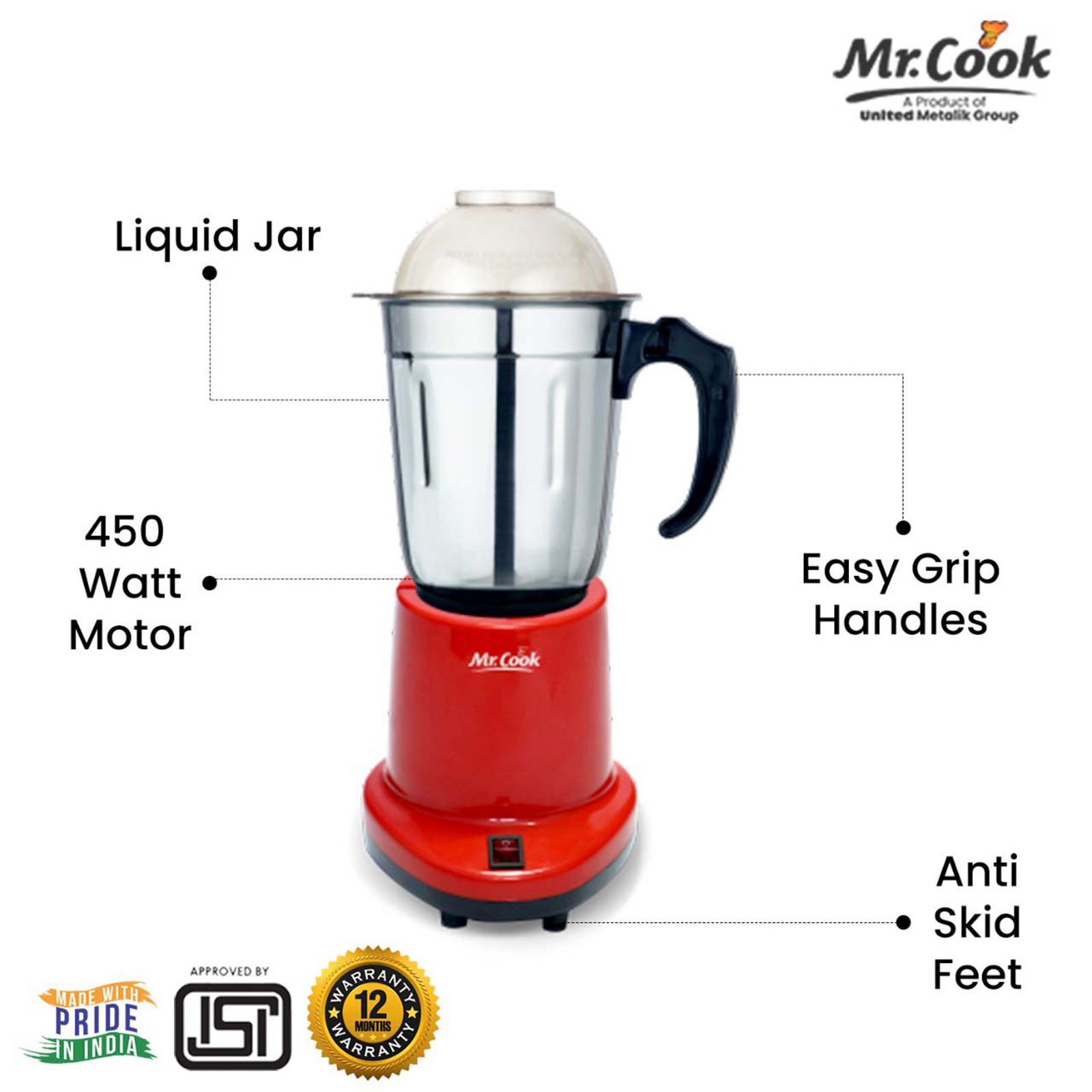 MR COOK Minimix 450 Watt 1 Jar Mixer Grinder (Shock Proof Body, Red) MR COOK Minimix 450 Watt 1 Jar Mixer Grinder (Shock Proof Body, Red)_4