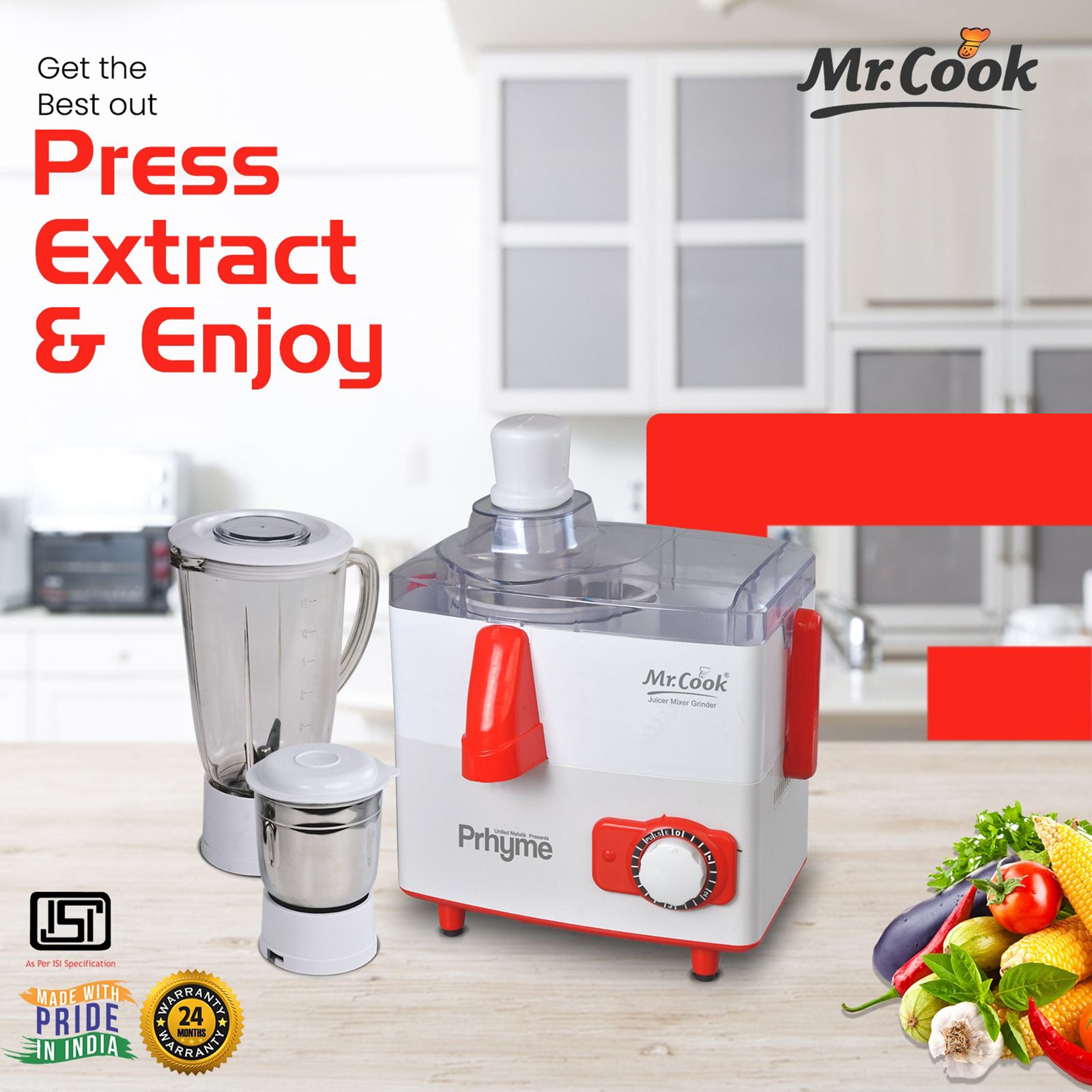 Mr.Cook Prhyme 550 Watt 2 Jars Juicer Mixer Grinder (3 Speed Control, White/Orange)_4
