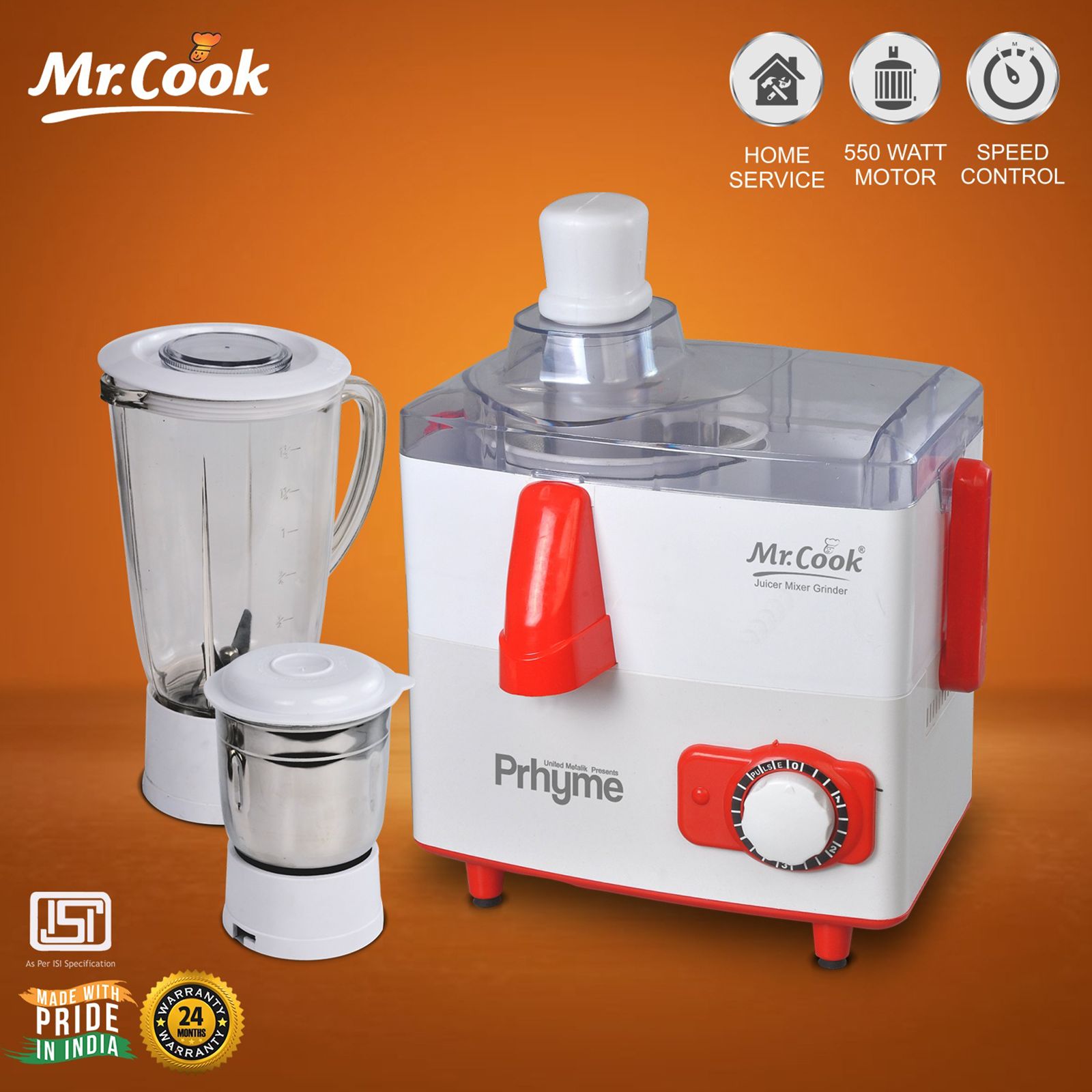 Mr.Cook Prhyme 550 Watt 2 Jars Juicer Mixer Grinder (3 Speed Control, White/Orange)_5