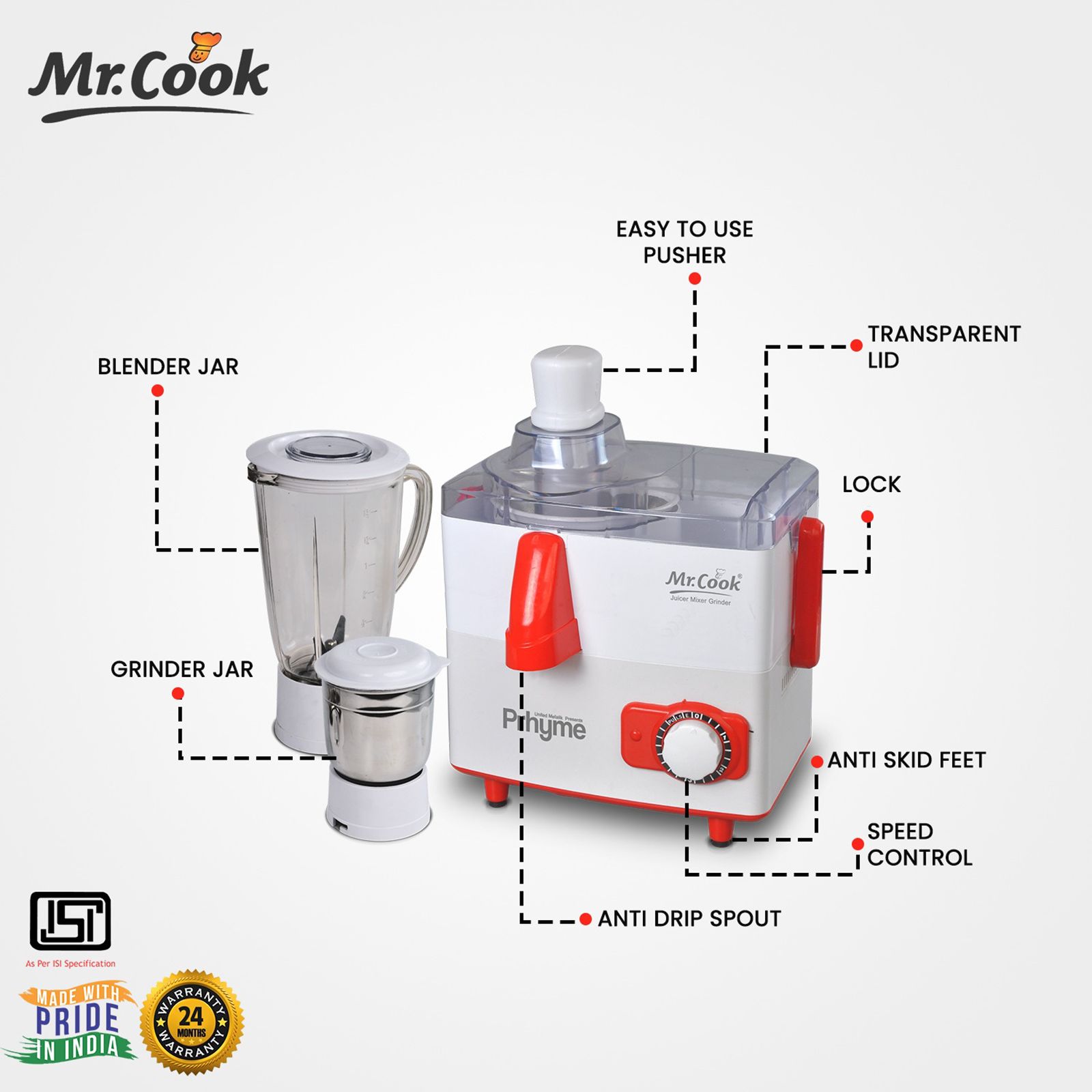 Mr.Cook Prhyme 550 Watt 2 Jars Juicer Mixer Grinder (3 Speed Control, White/Orange)_6