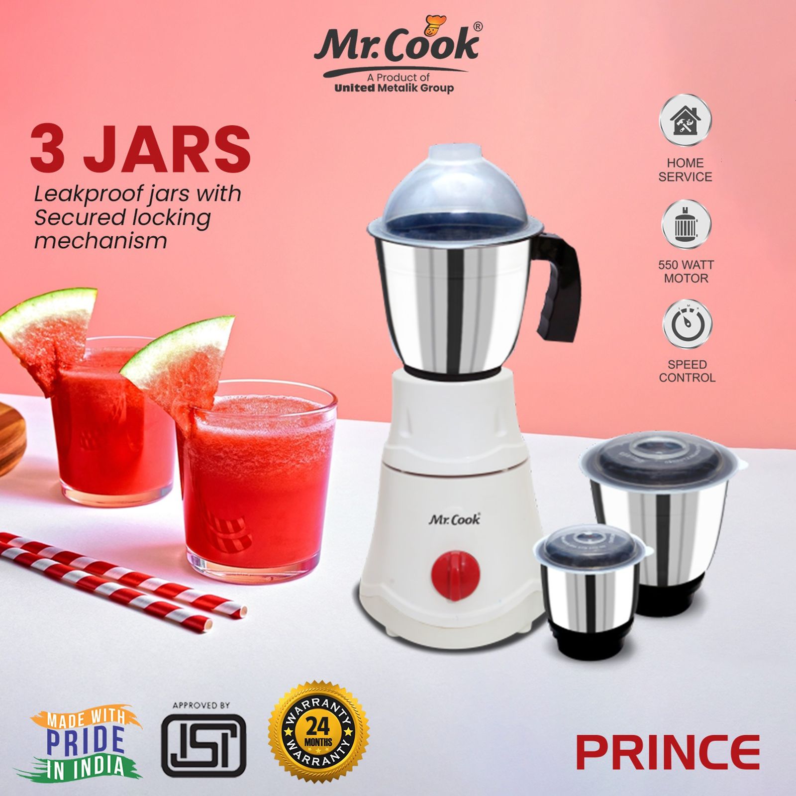 MR COOK Prince 550 Watt 3 Jars Mixer Grinder (3 Speed Control, White)_5
