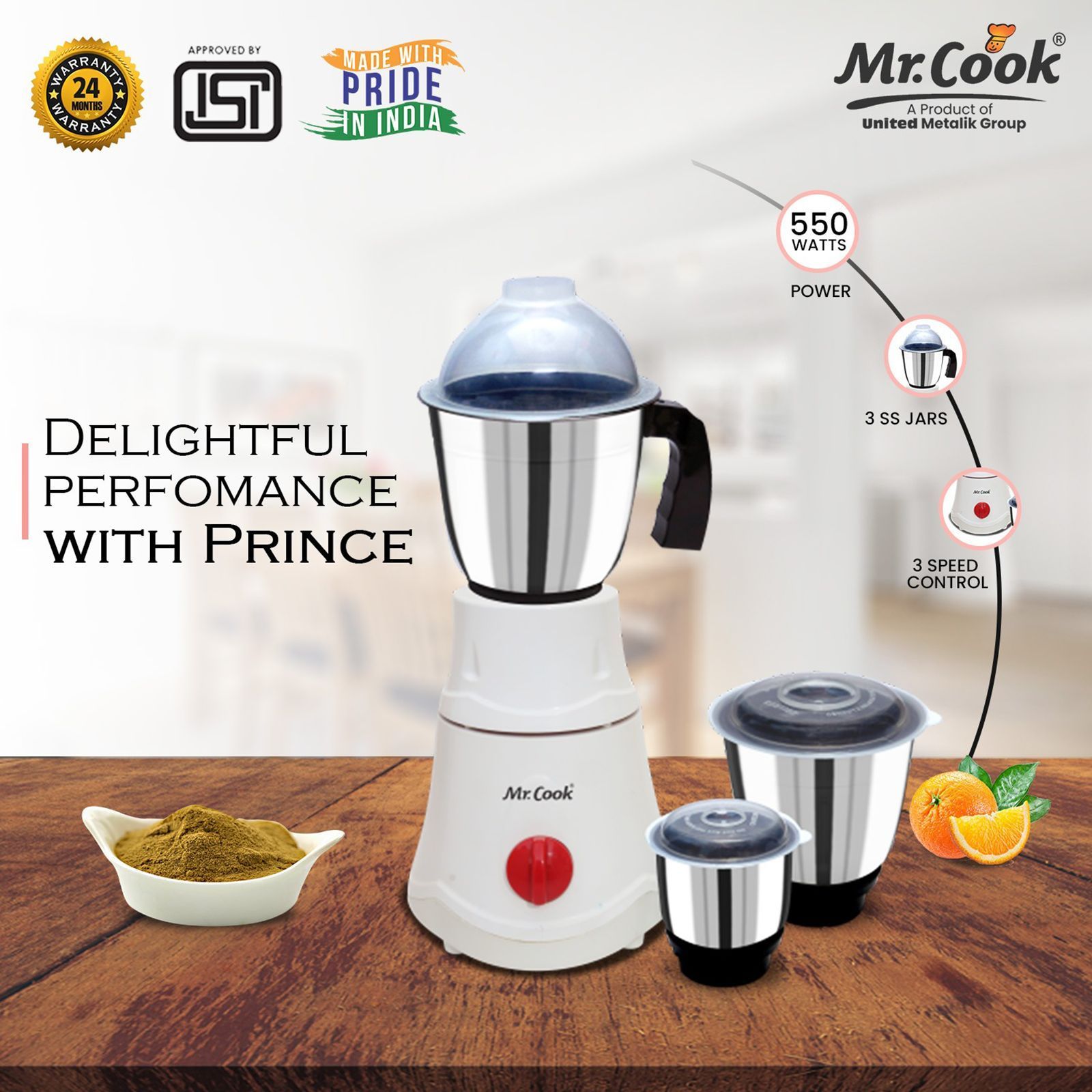 MR COOK Prince 550 Watt 3 Jars Mixer Grinder (3 Speed Control, White)_6