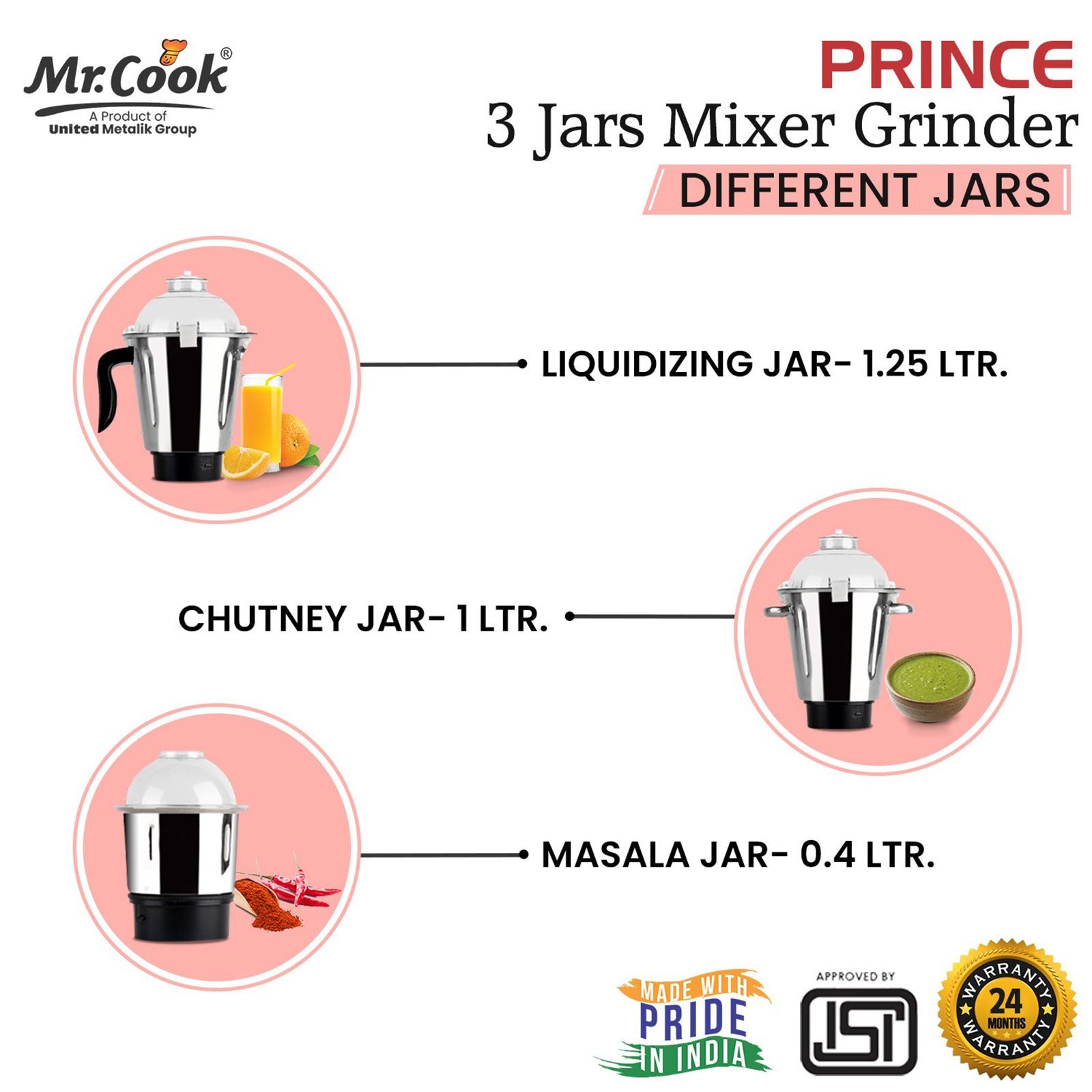 MR COOK Prince 550 Watt 3 Jars Mixer Grinder (3 Speed Control, White)_7