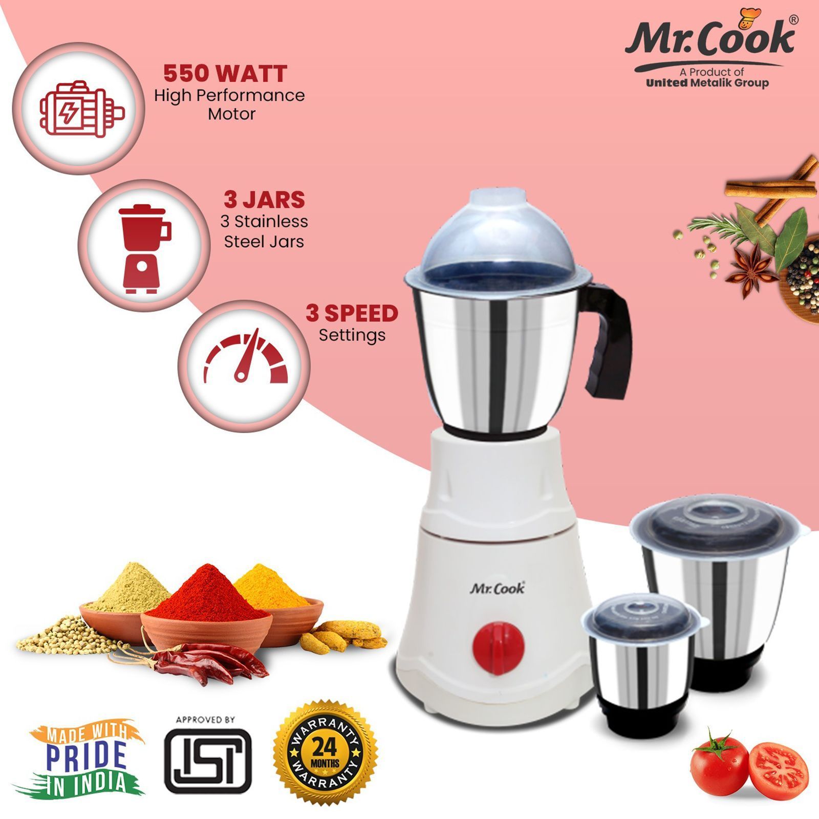 MR COOK Prince 550 Watt 3 Jars Mixer Grinder (3 Speed Control, White)_8