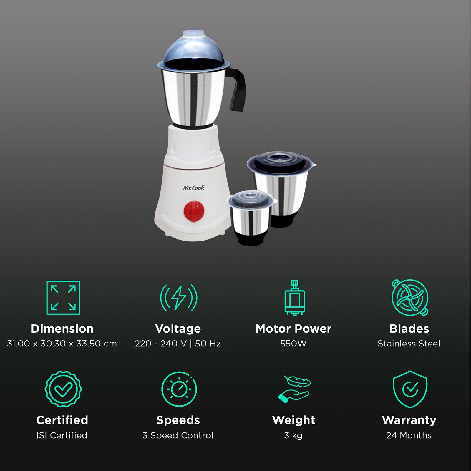 MR COOK Prince 550 Watt 3 Jars Mixer Grinder (3 Speed Control, White)_2