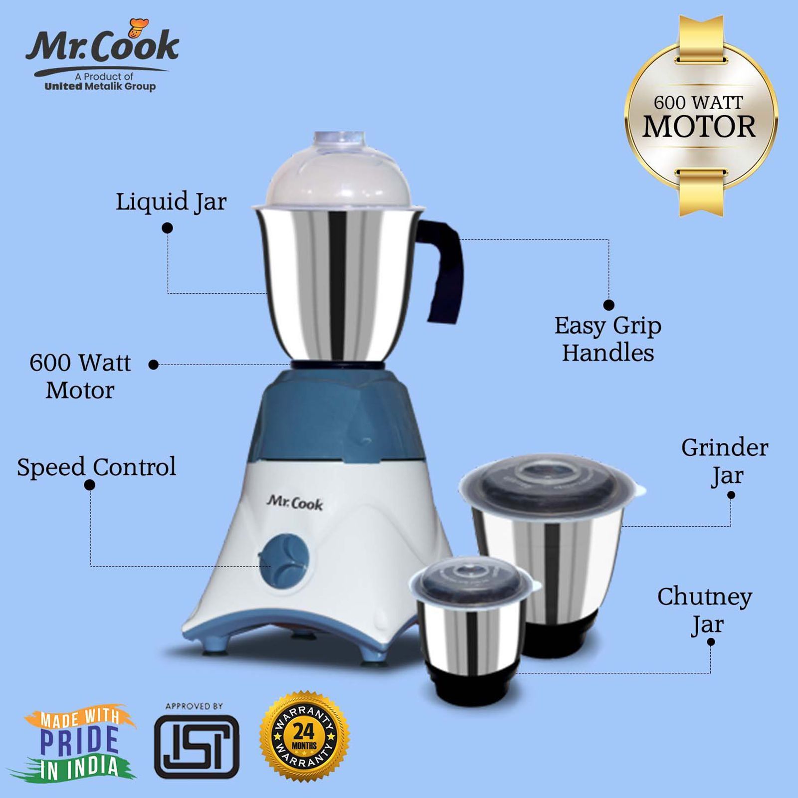 MR COOK Starmix 550 Watt 3 Jars Mixer Grinder (3 Speed Control, White & Blue)_5