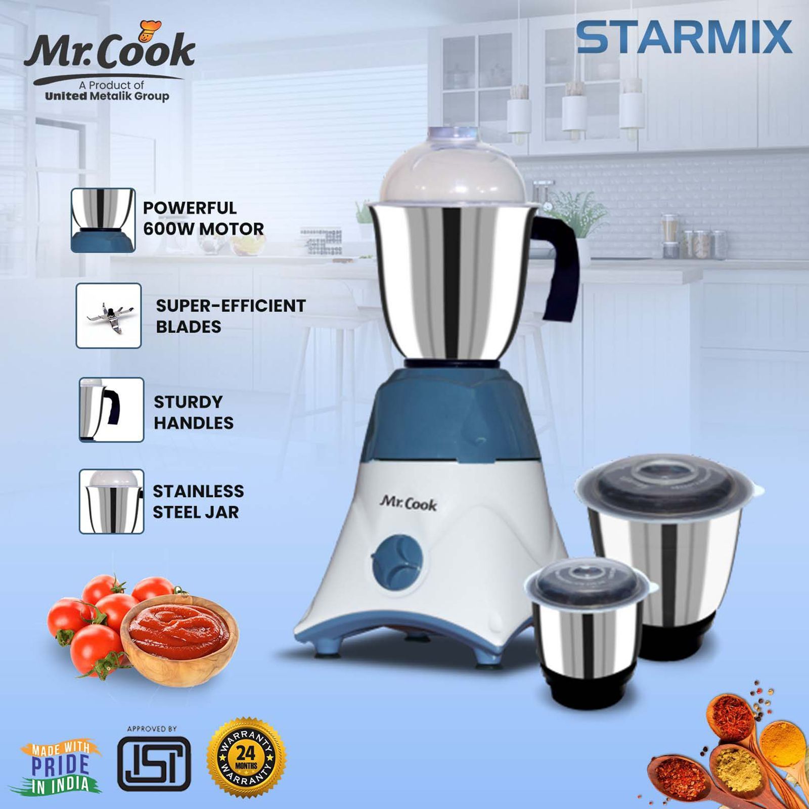 MR COOK Starmix 550 Watt 3 Jars Mixer Grinder (3 Speed Control, White & Blue)_8
