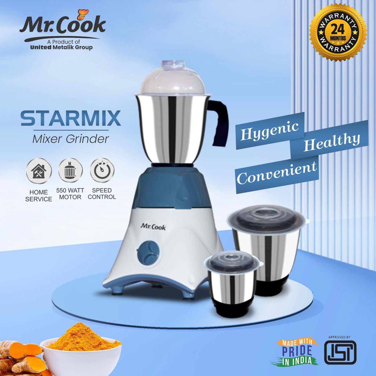 MR COOK Starmix 550 Watt 3 Jars Mixer Grinder (3 Speed Control, White & Blue)_9