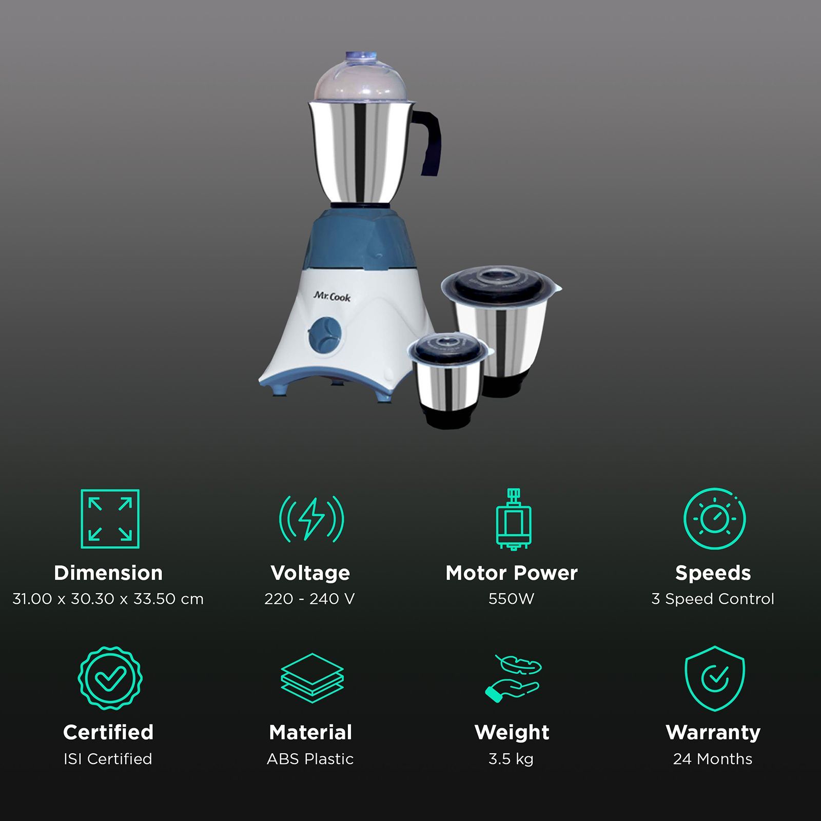 MR COOK Starmix 550 Watt 3 Jars Mixer Grinder (3 Speed Control, White & Blue)_2